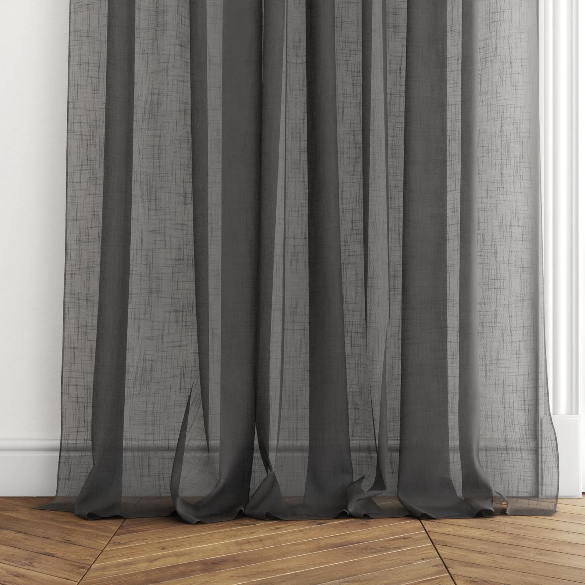 Bottom view of Attica Onyx, puddled with pinch pleat, on curtain rod