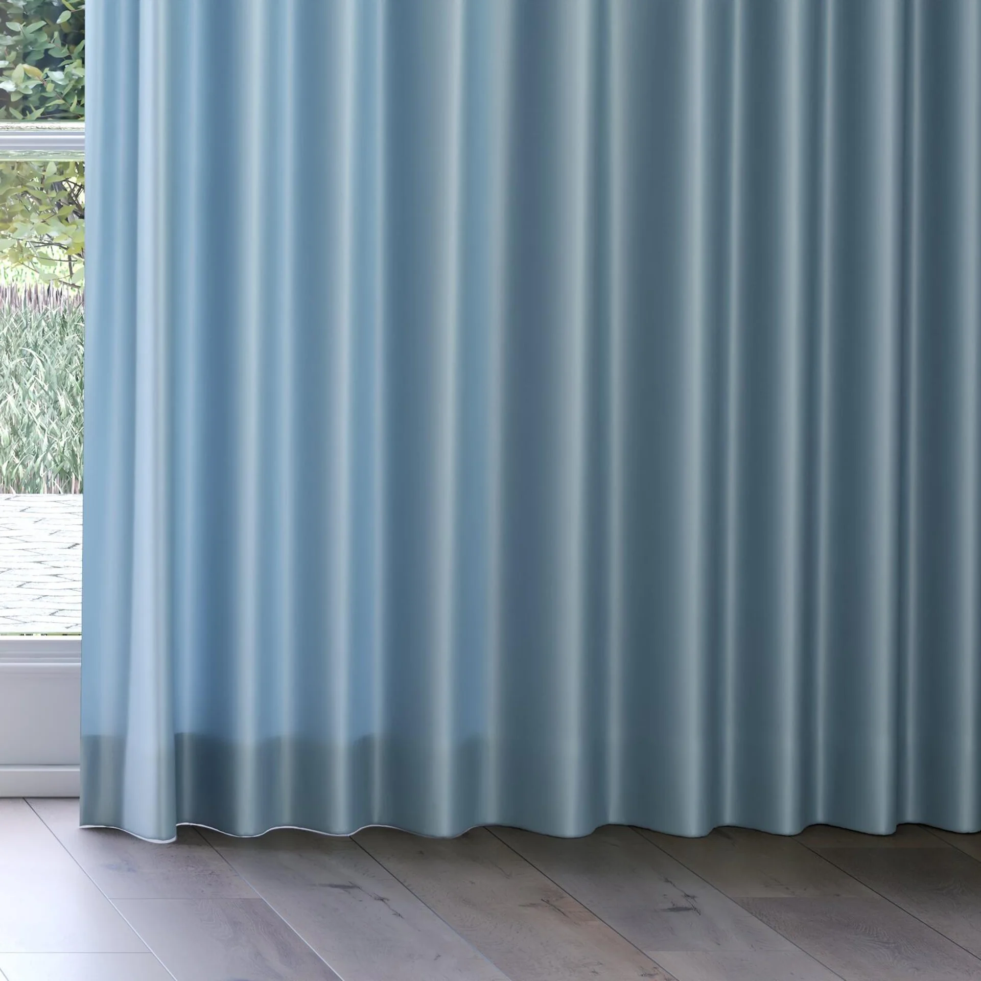 Bottom view of Optima Teal, on curtain rail