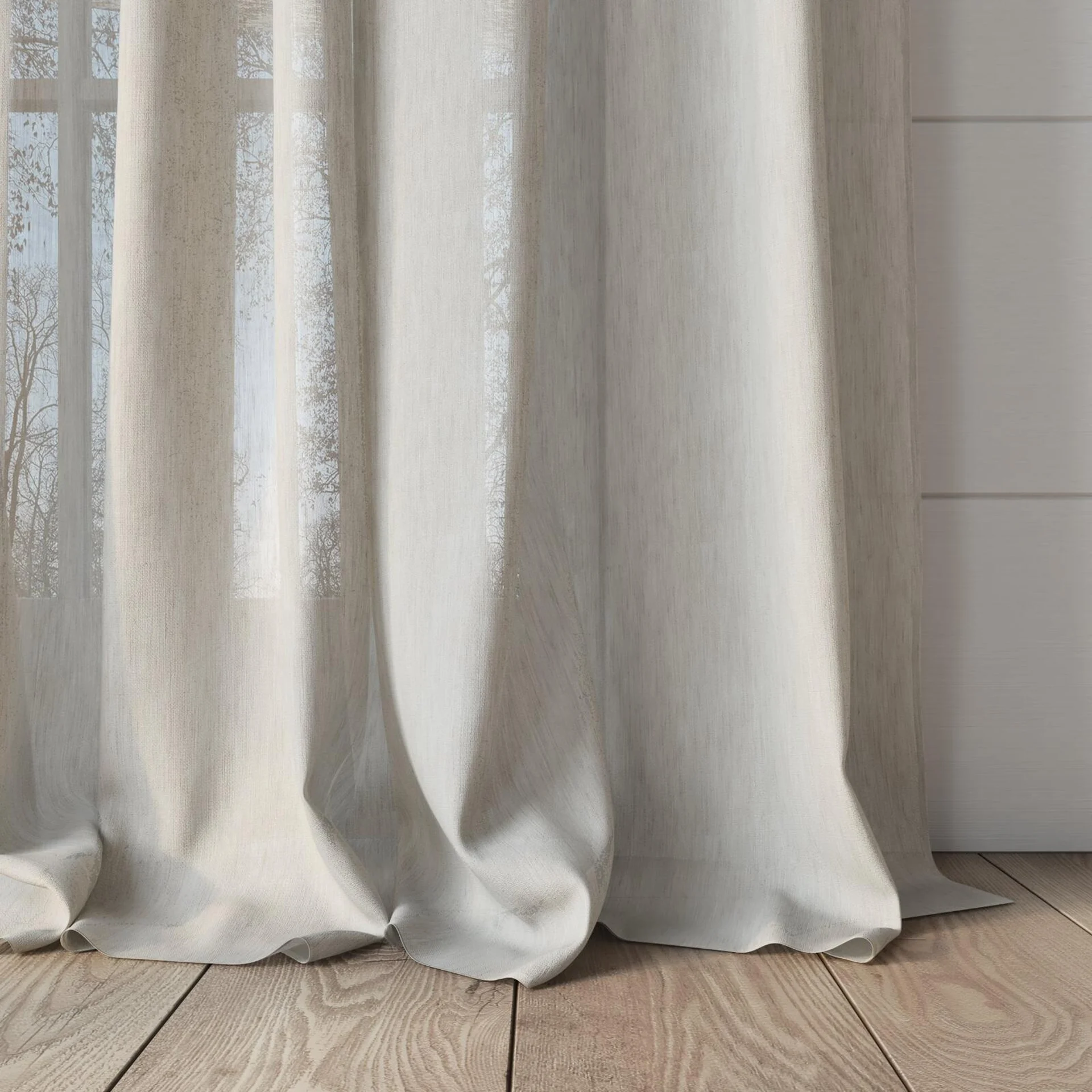 Bottom view of Balance Linen, puddled, on curtain rod