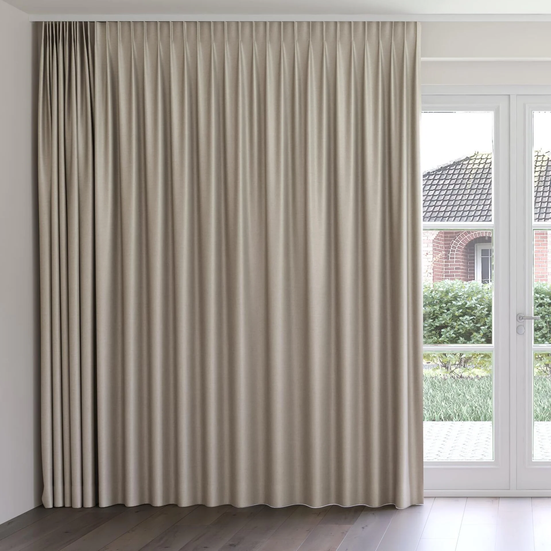 Front view of Provence Flax, on curtain rail