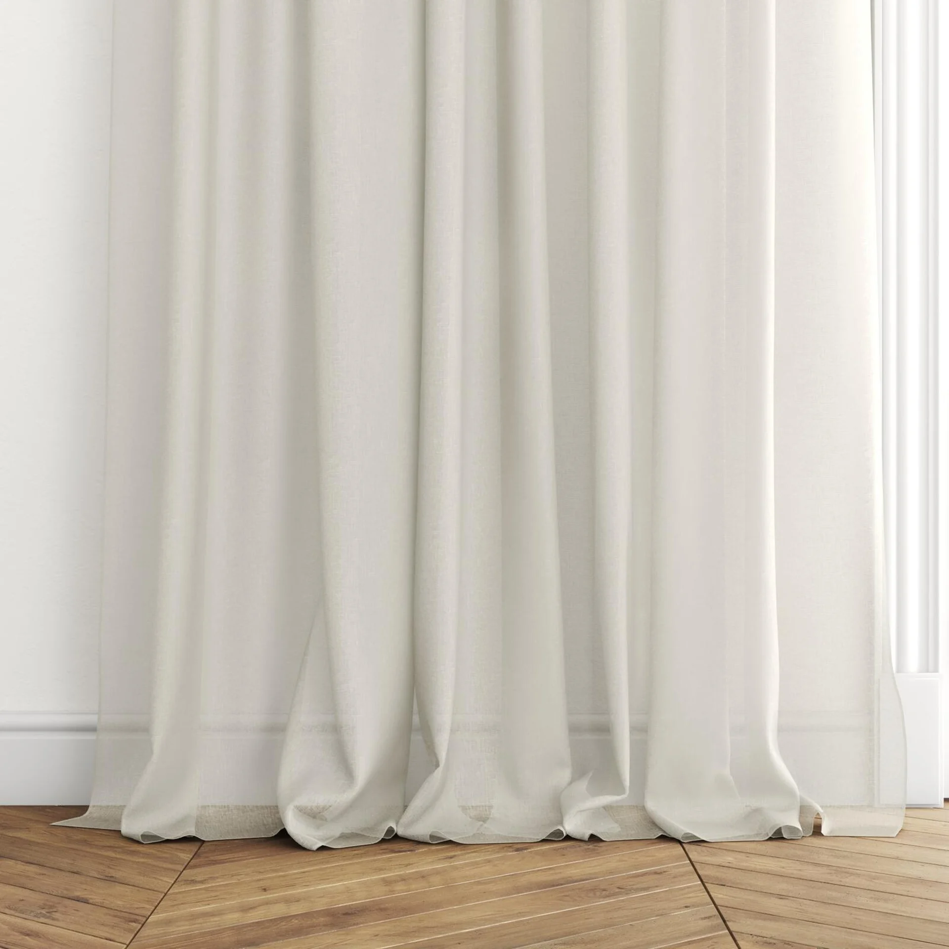 Bottom view of Reverie Parchment, puddled with pinch pleat, on curtain rod