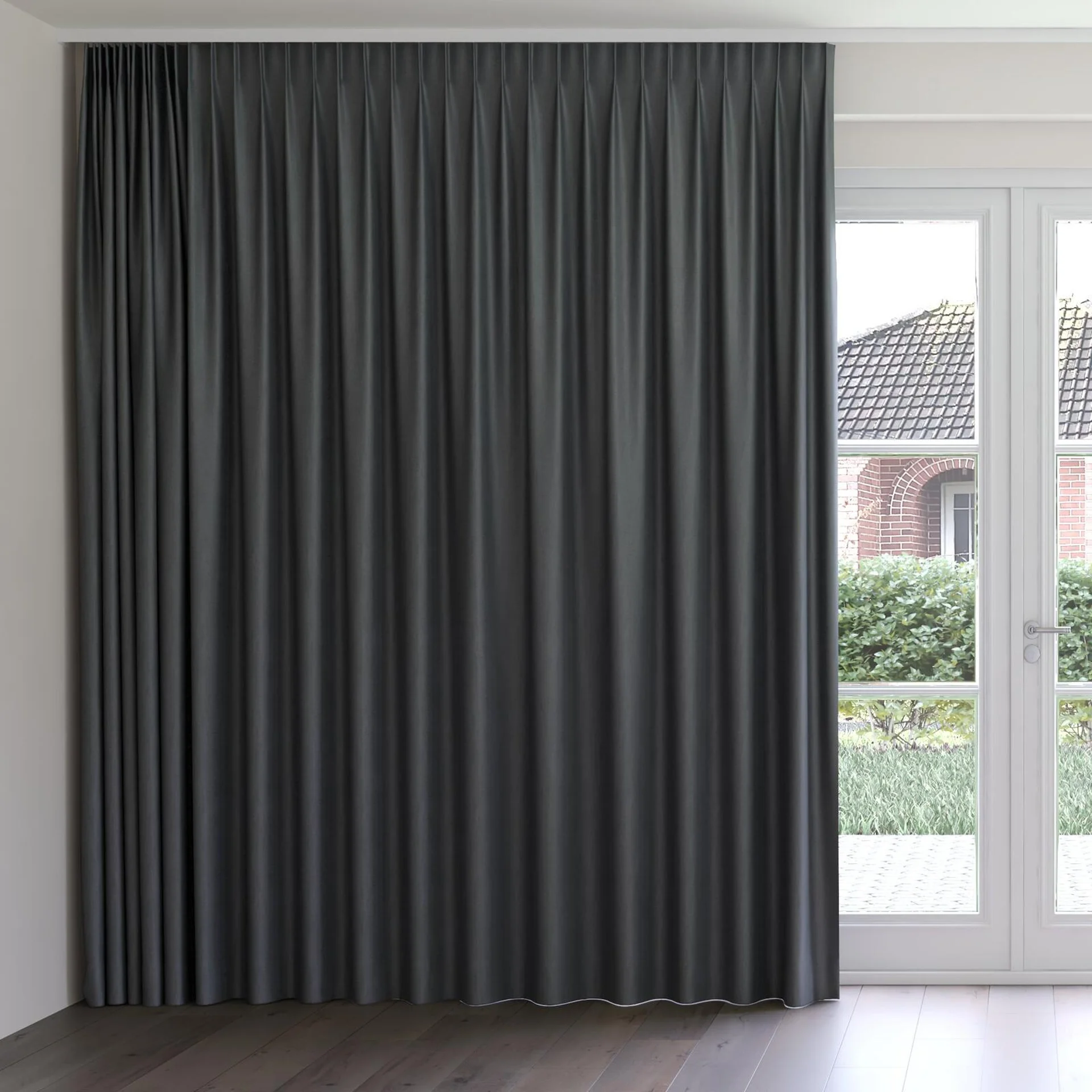 Front view of Matrix FR Gunmetal, on curtain rail