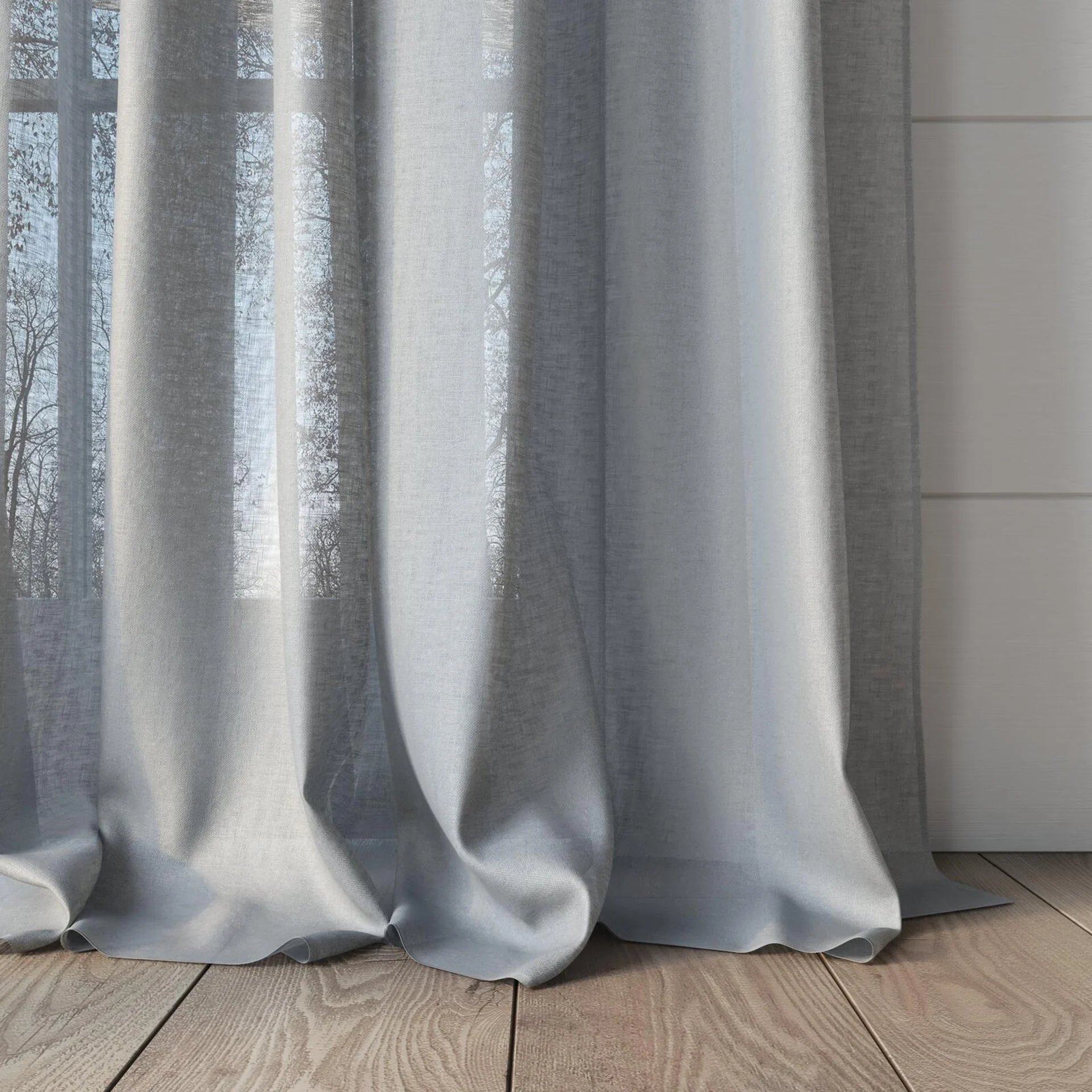 Bottom view of Kanso Stonewash Dove Grey, puddled, on curtain rod