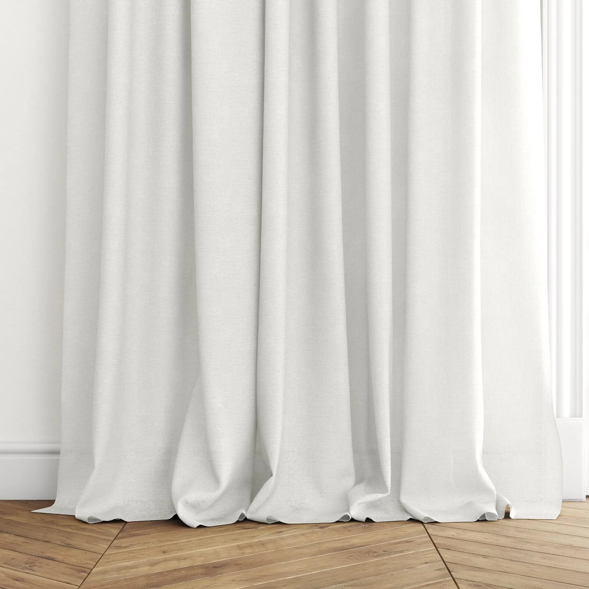 Bottom view of Mindful Natural, puddled with pinch pleat, on curtain rod