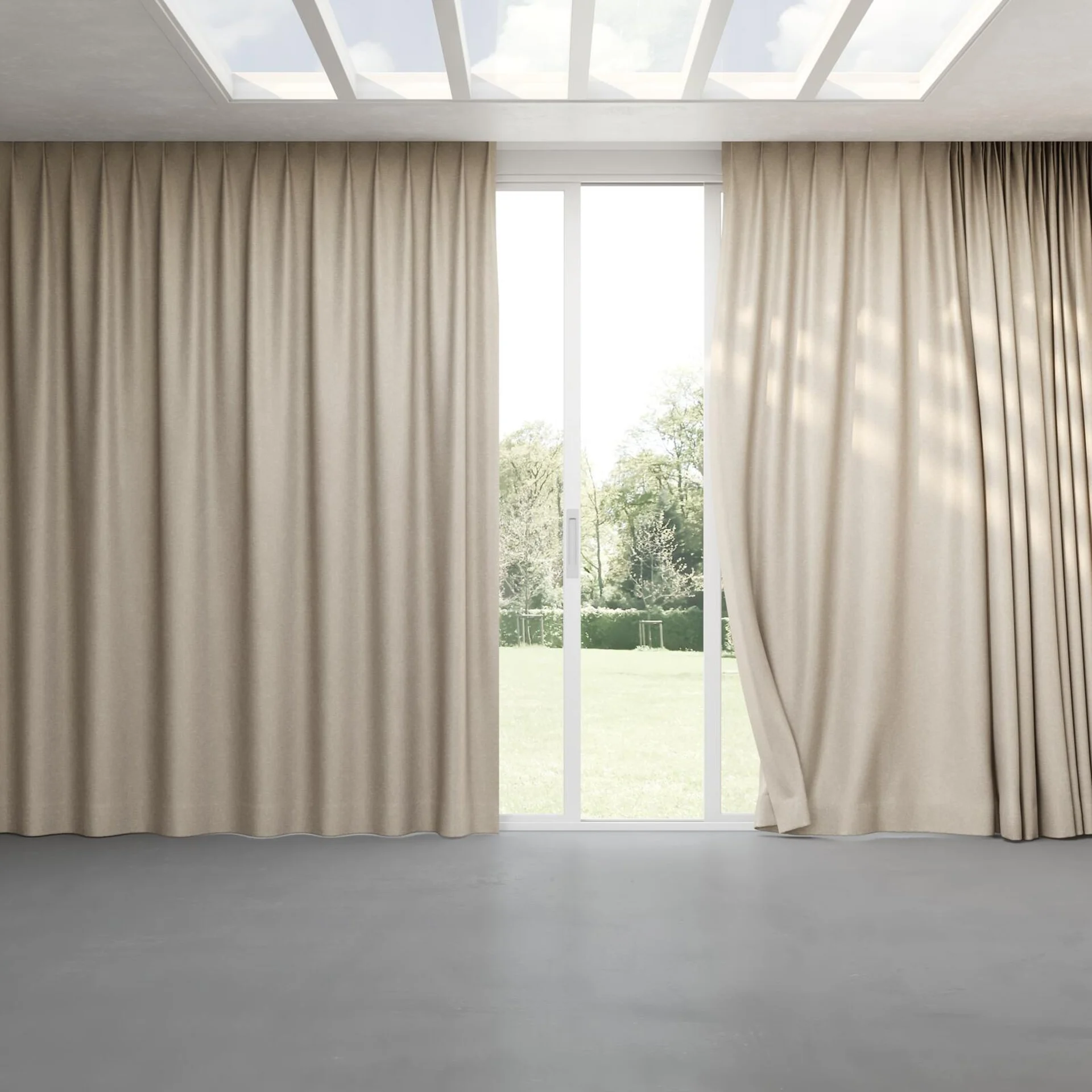 Full view of Glamour Taupe, pinch pleat