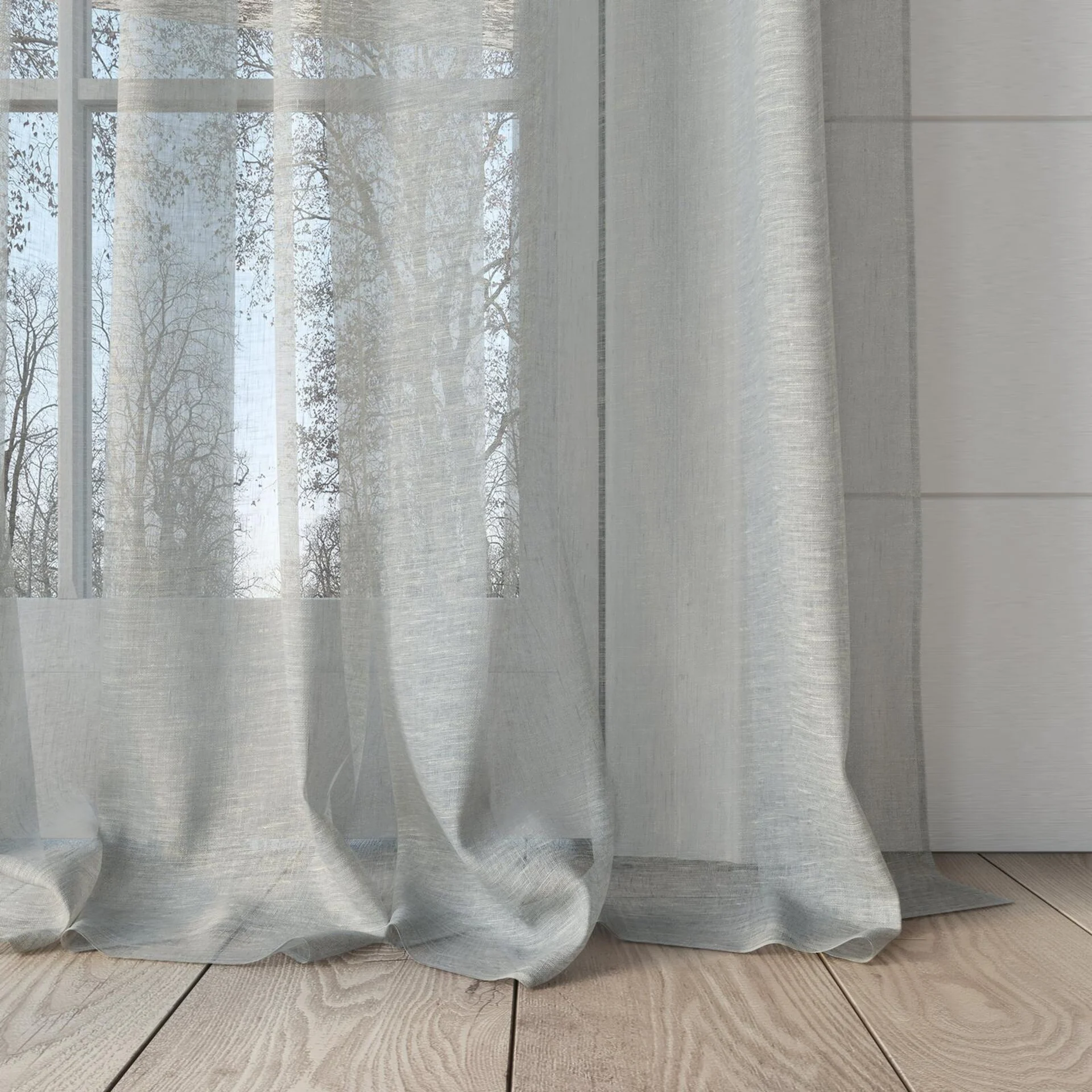 Bottom view of Pure Linen Cloud, puddled, on curtain rod