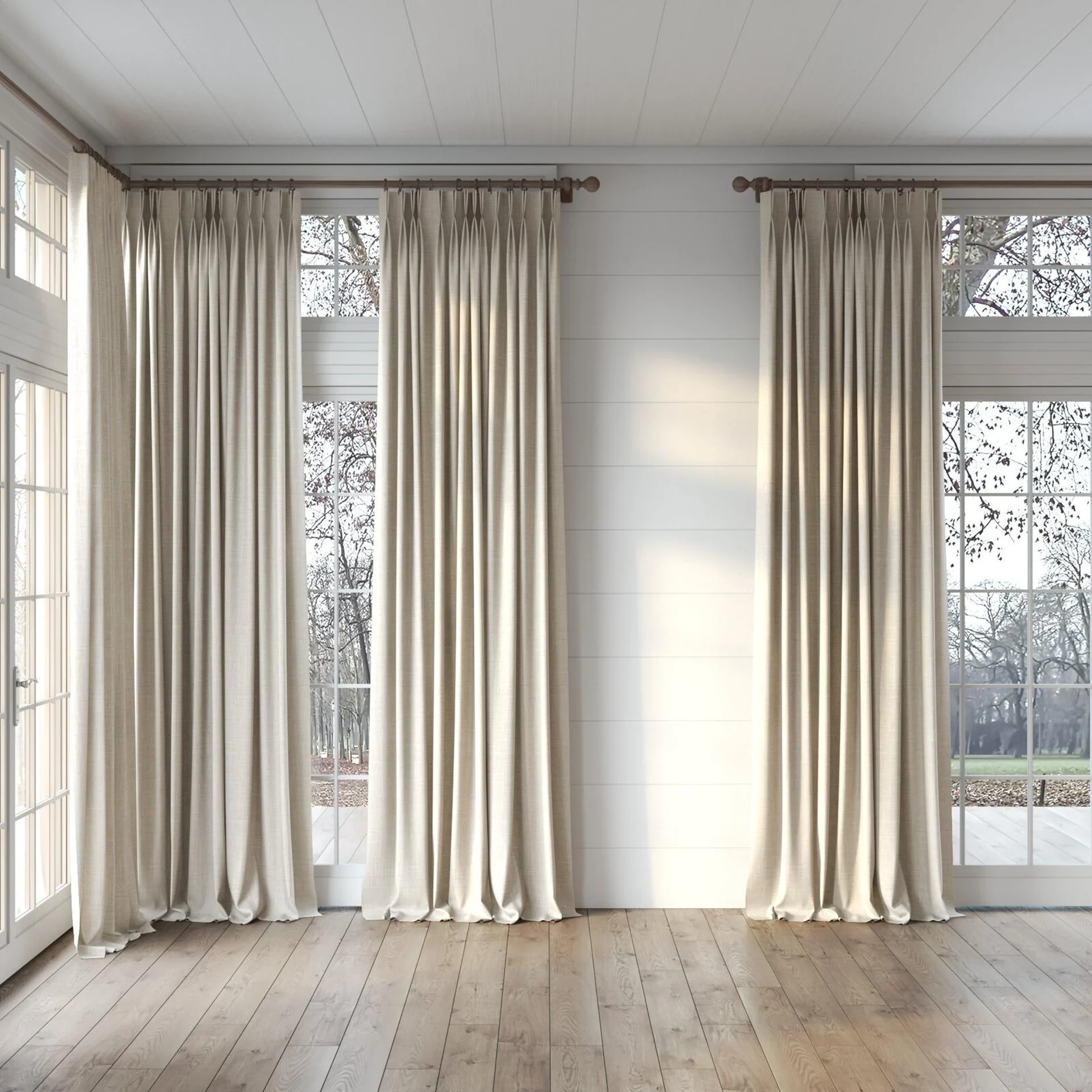 Full view of Chatham Linen, puddled, on curtain rod