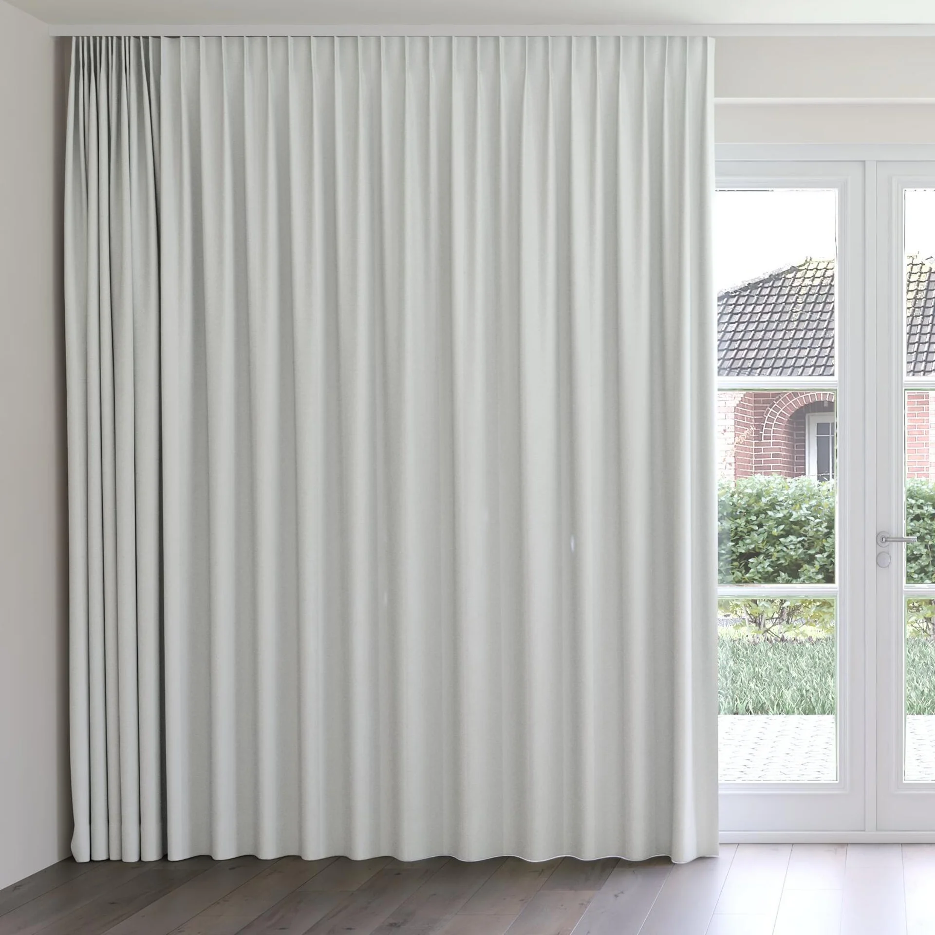 Front view of Borneo Uncoated Duckegg, on curtain rail