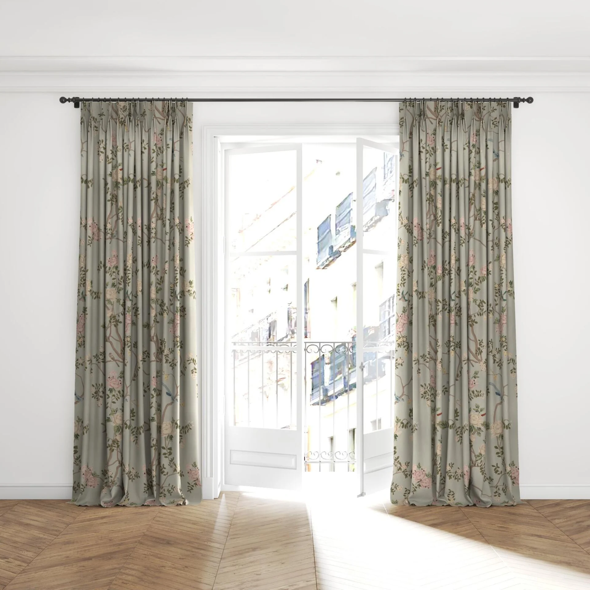 Full view of Sakura Duckegg, puddled with pinch pleat, on curtain rod