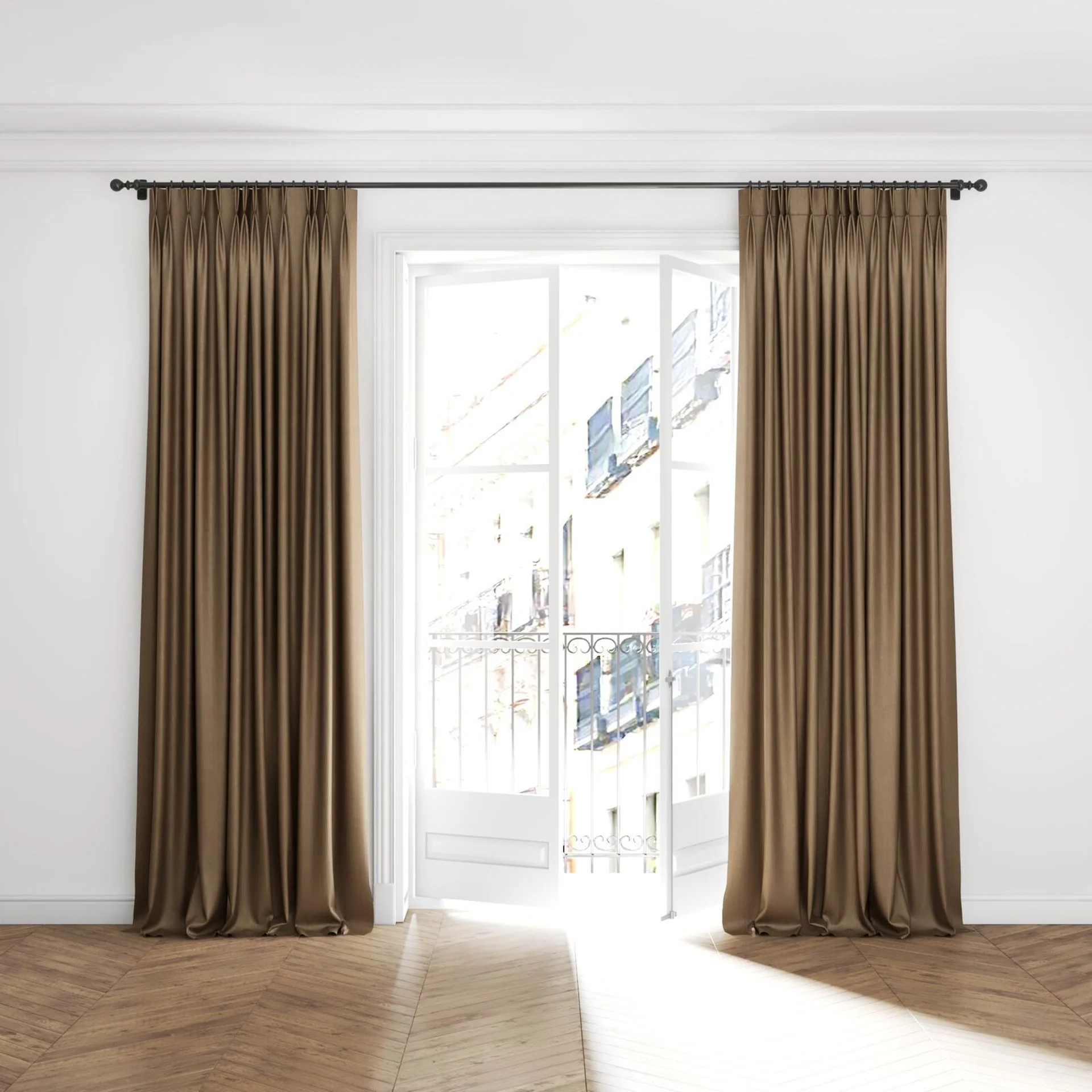 Full view of Hombre Otter, puddled with pinch pleat, on curtain rod