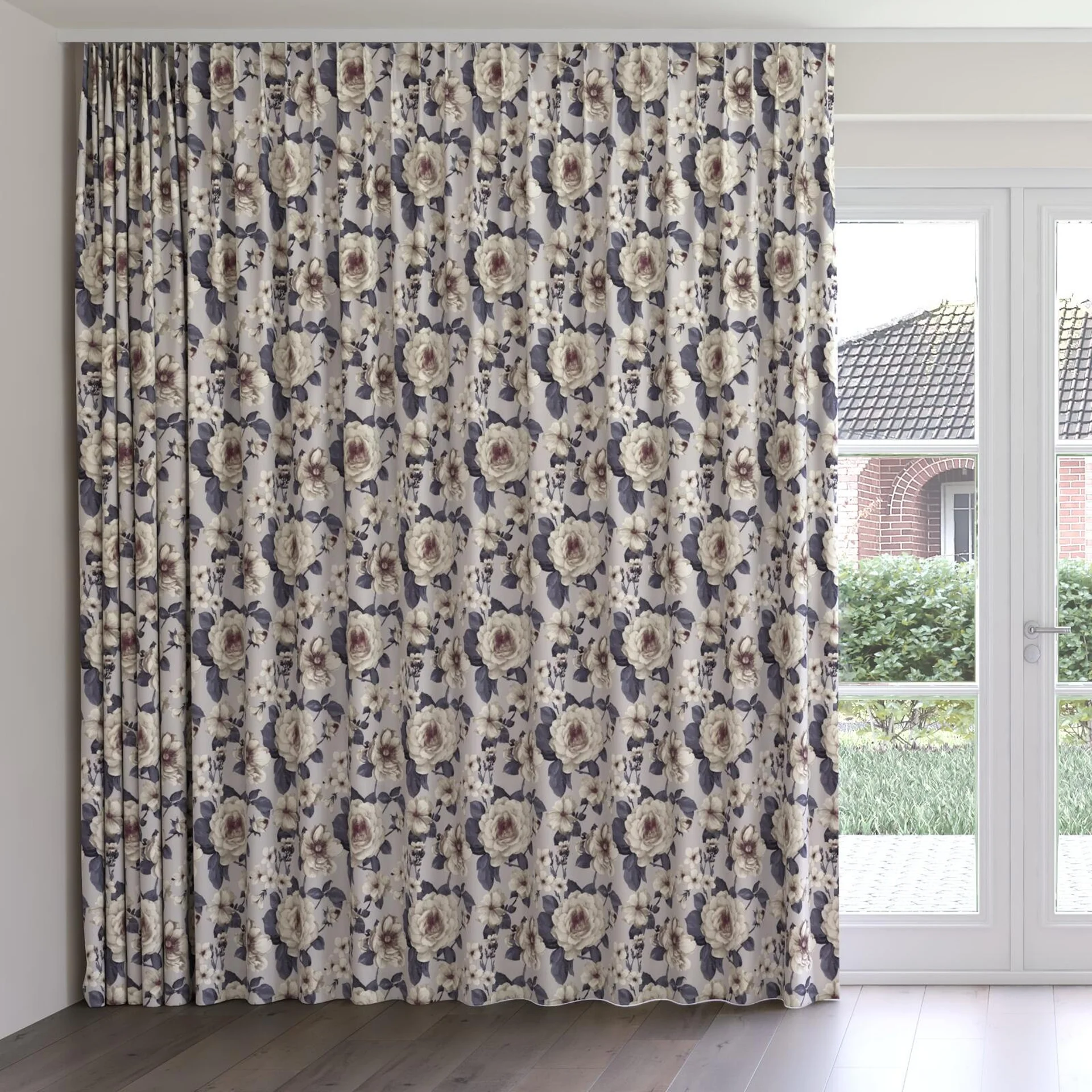 Front view of Miriam French Earl Grey, on curtain rail