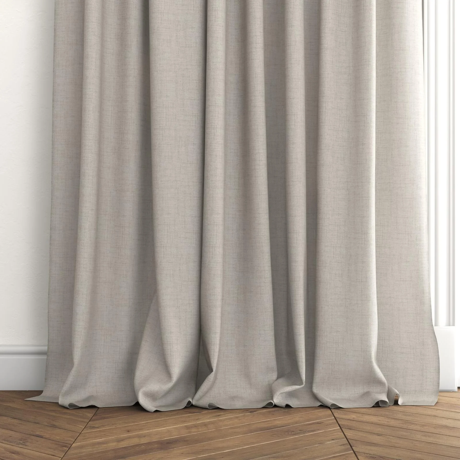 Bottom view of Rava Shell, puddled with pinch pleat, on curtain rod
