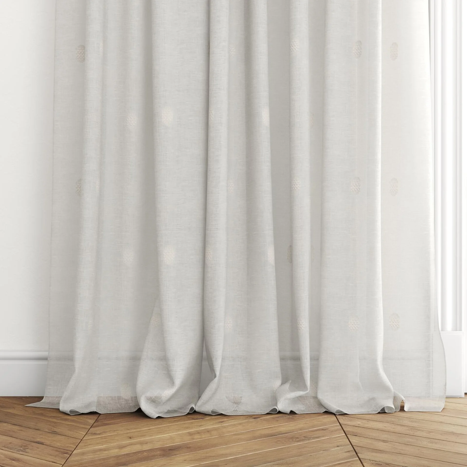 Bottom view of Gentle Vapour, puddled with pinch pleat, on curtain rod