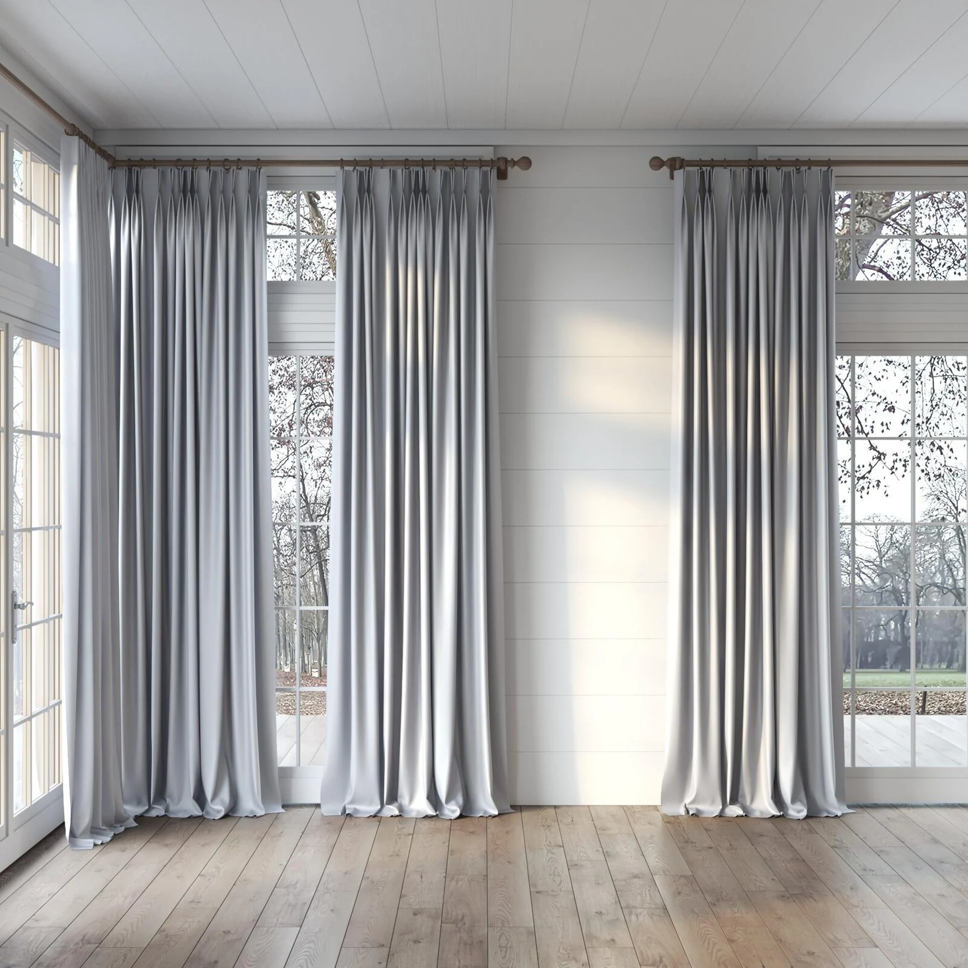 Full view of Stellar Blackout Dove, puddled, on curtain rod