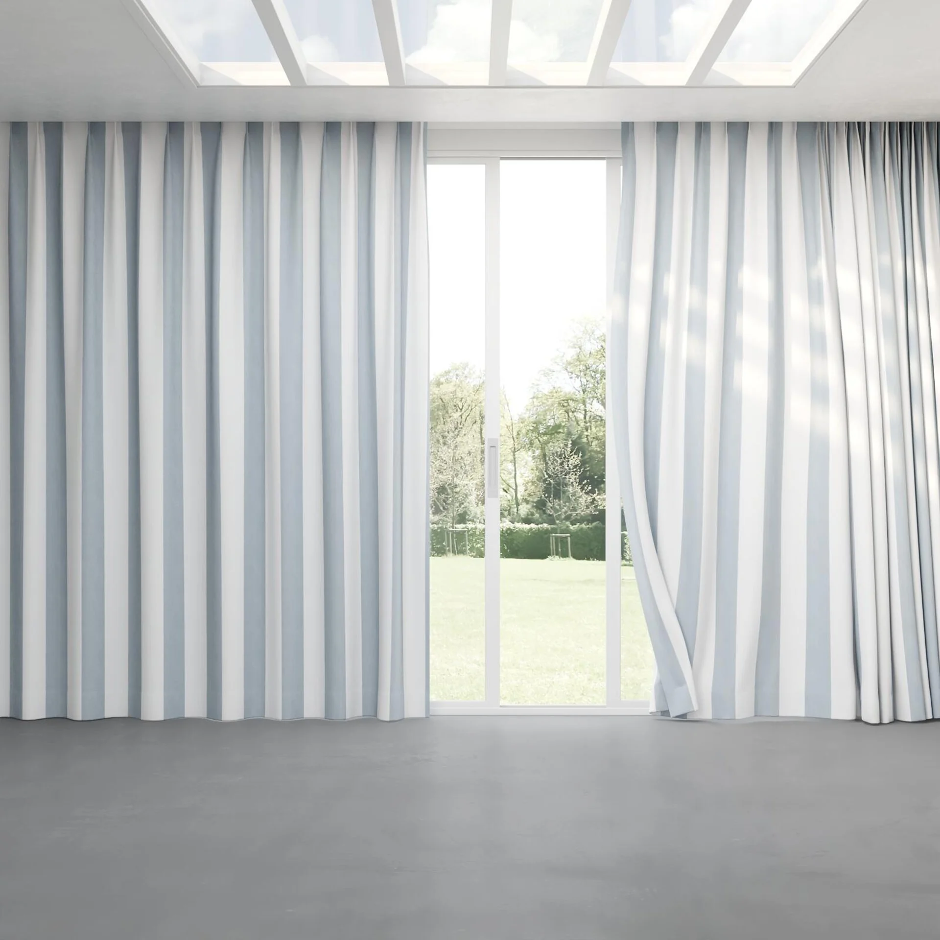 Full view of Chambray Bold Sky Blue, pinch pleat