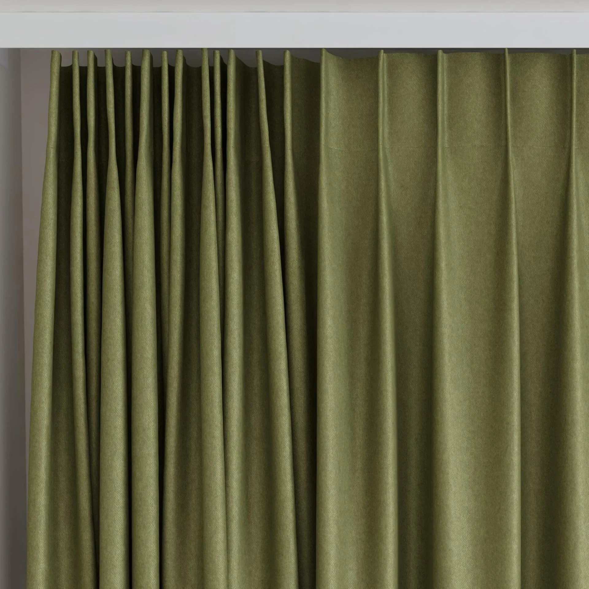 Top view of Woolly/Woolen Olive, on curtain rail