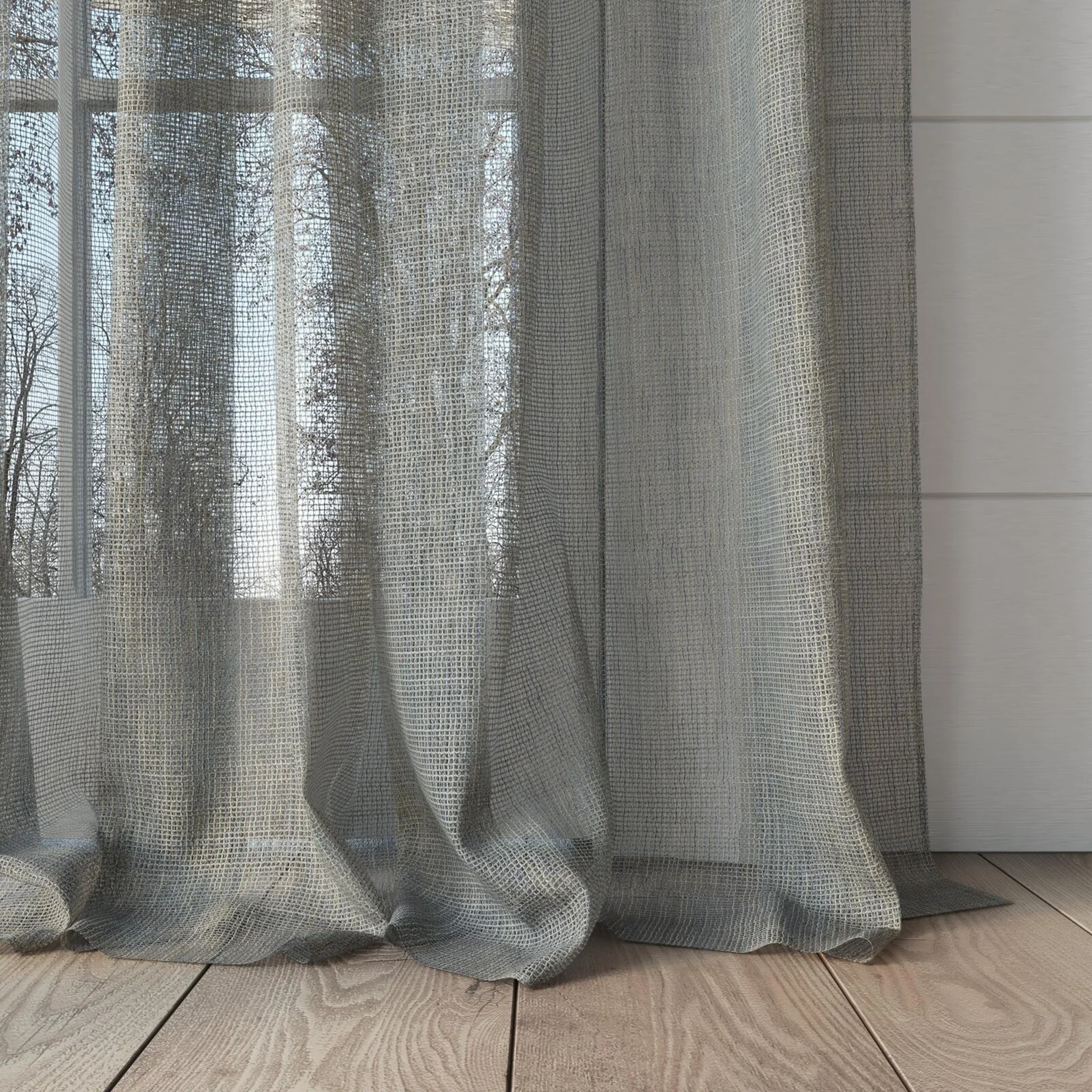 Bottom view of Radiant Smoke, puddled, on curtain rod