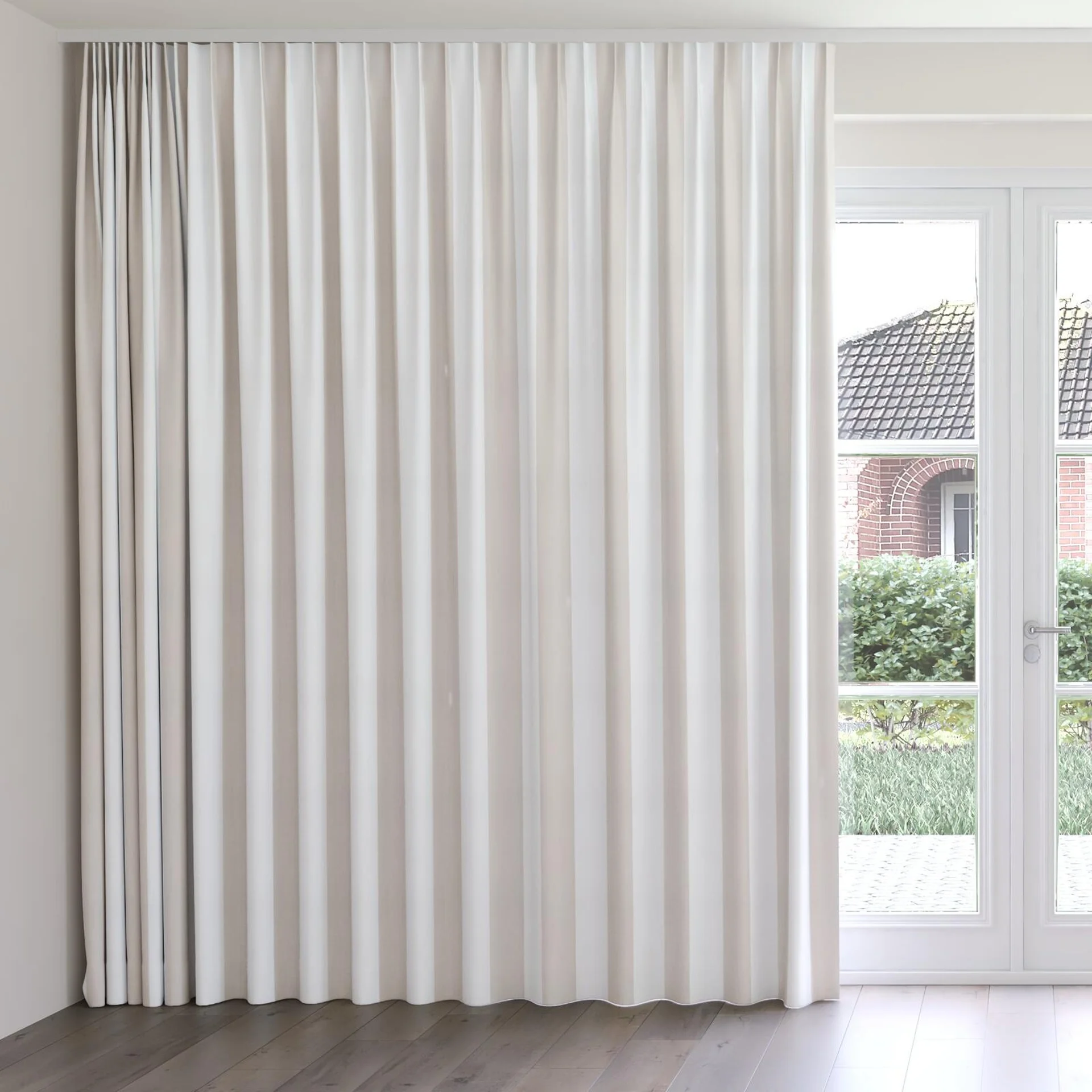 Front view of Chambray Bold Thistle, on curtain rail
