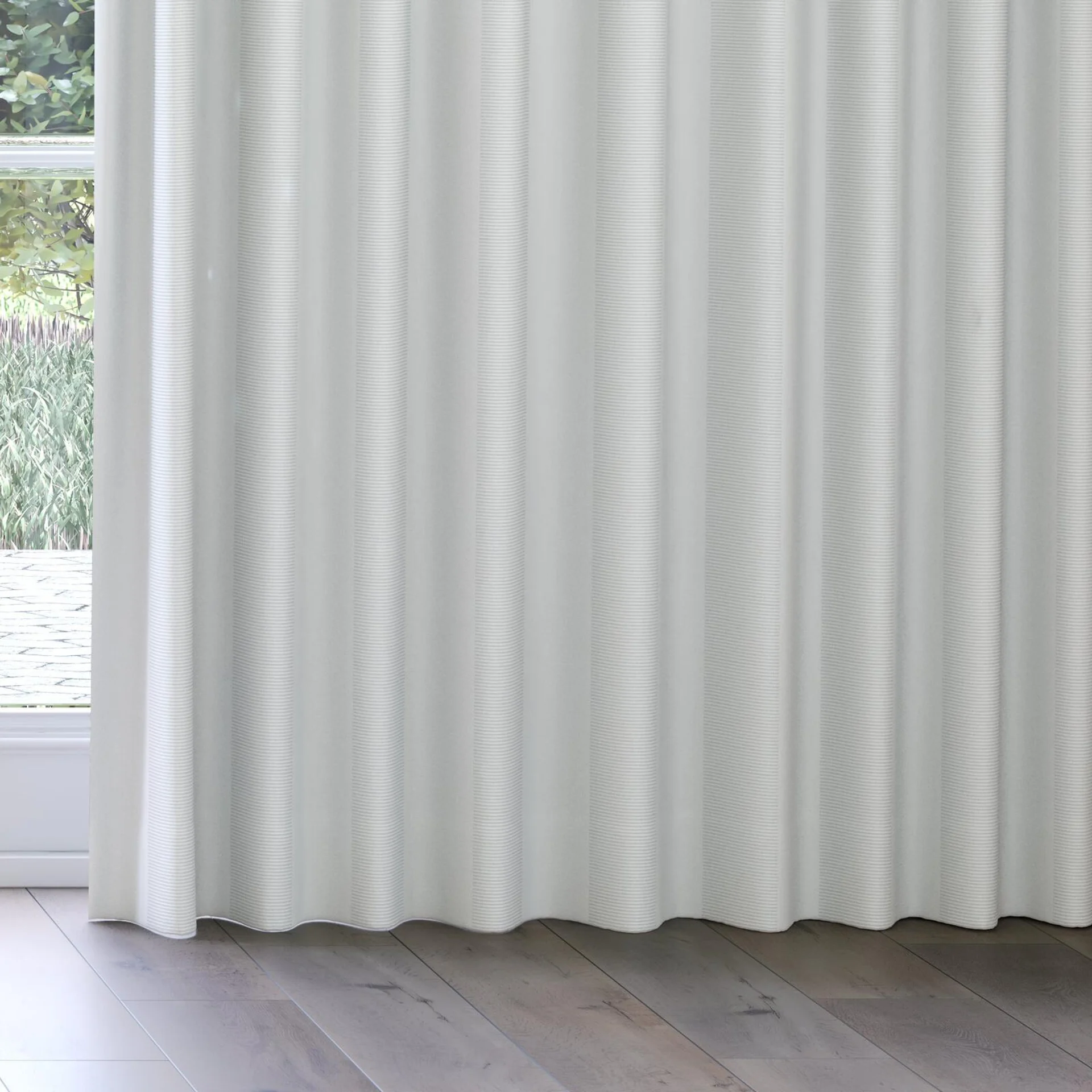 Bottom view of Borneo Uncoated Duckegg, on curtain rail