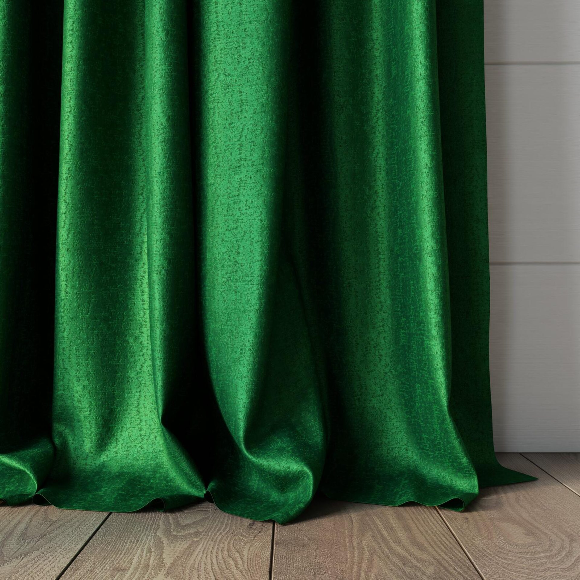 Bottom view of Hug Emerald, puddled, on curtain rod
