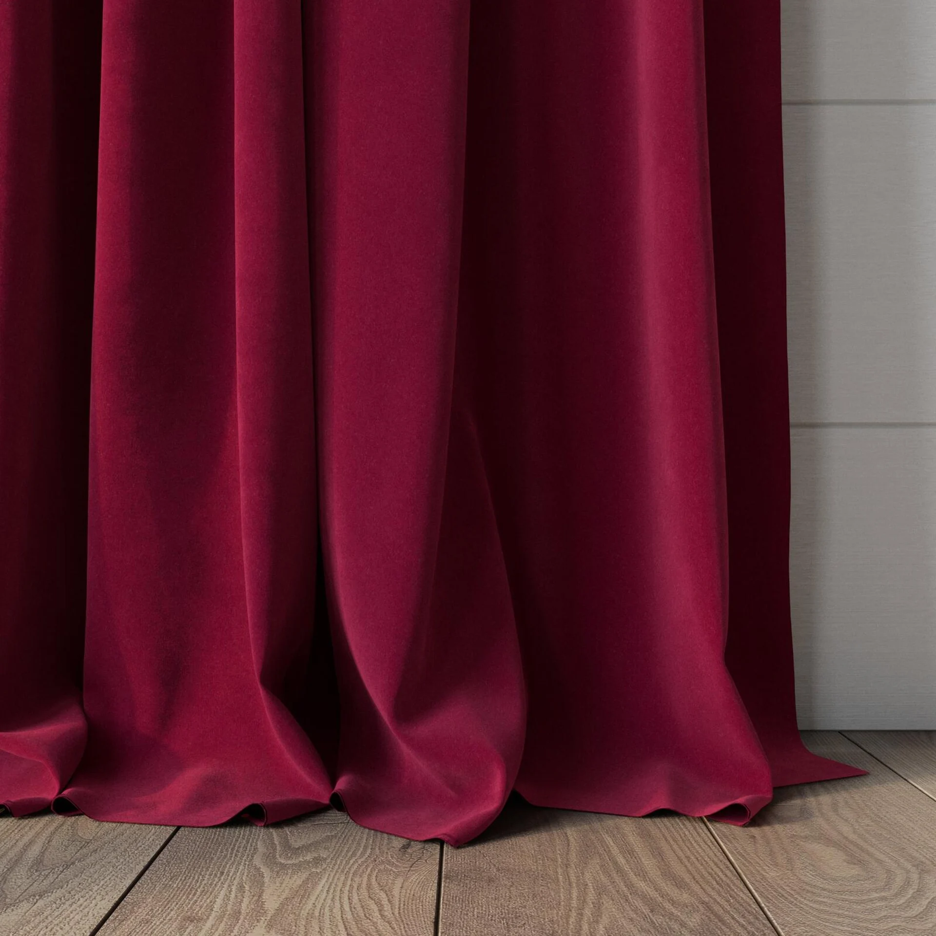 Bottom view of Lux Velvet Strawberry 8613, puddled, on curtain rod