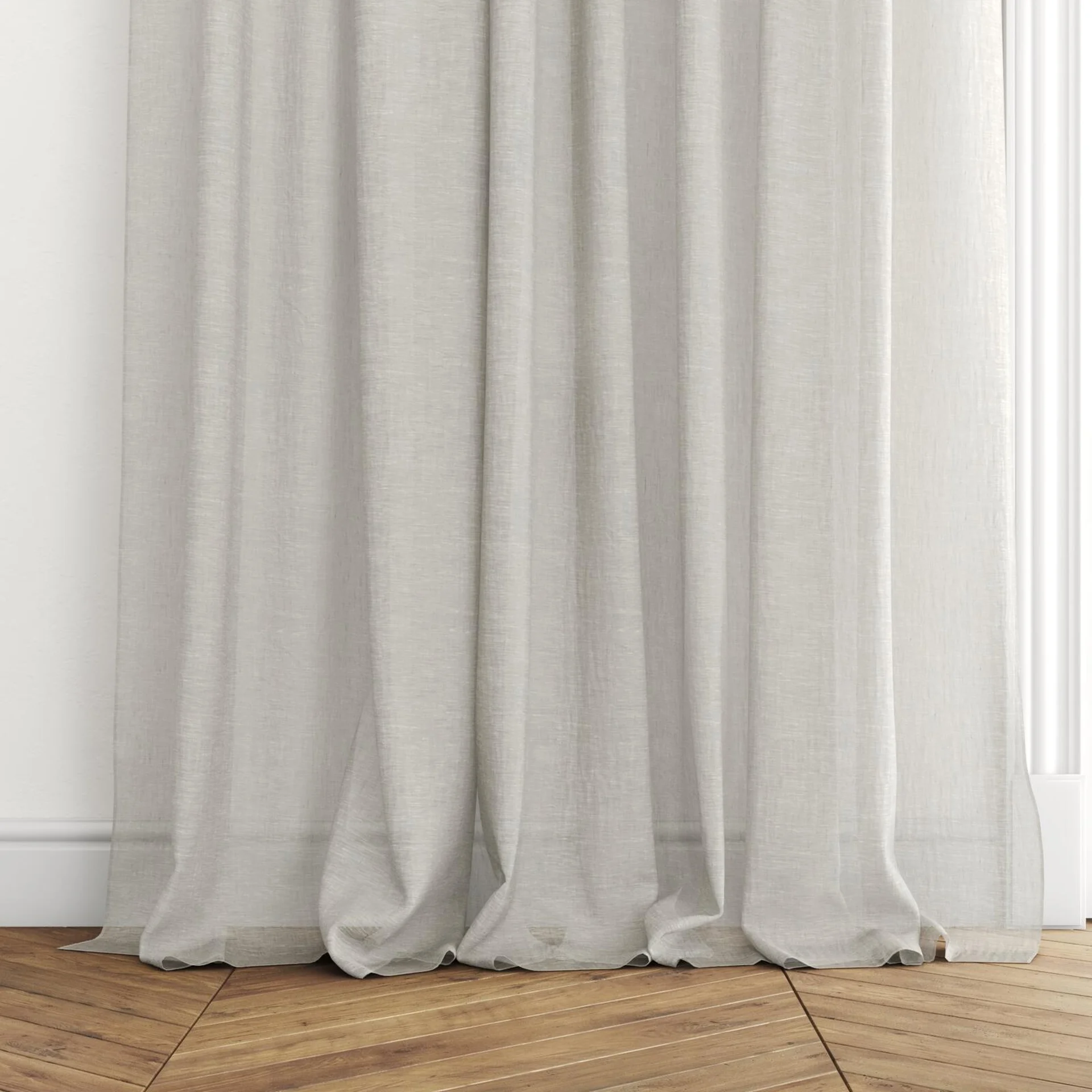 Bottom view of Lino Seafoam, puddled with pinch pleat, on curtain rod