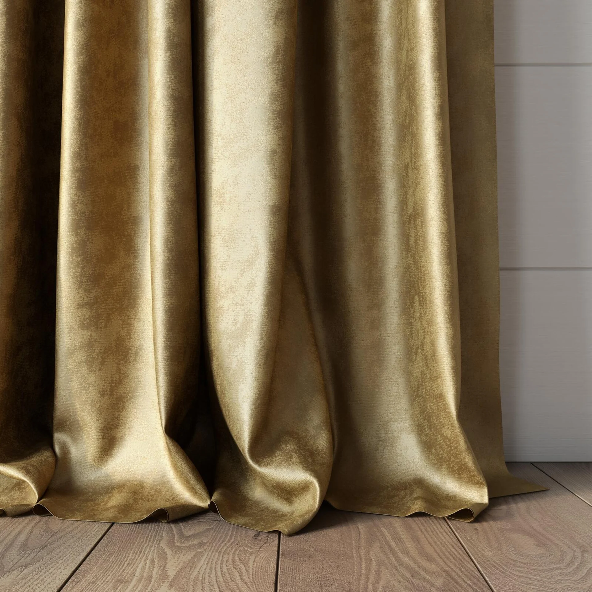 Bottom view of Fizz Jute, puddled, on curtain rod