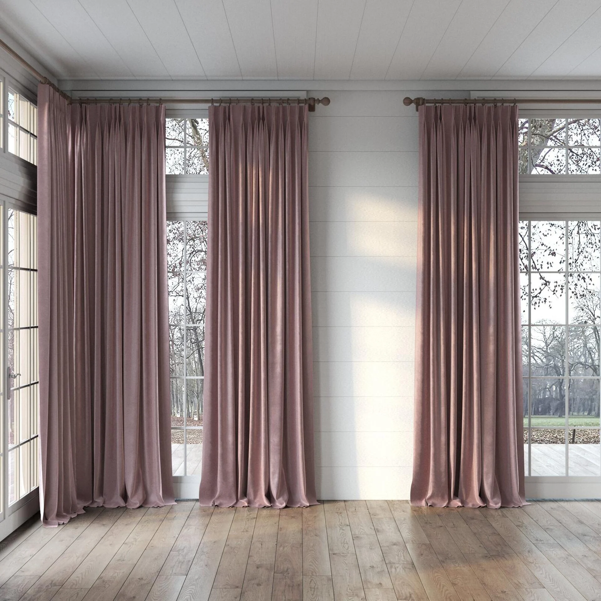 Full view of Velvelux Parma, puddled, on curtain rod