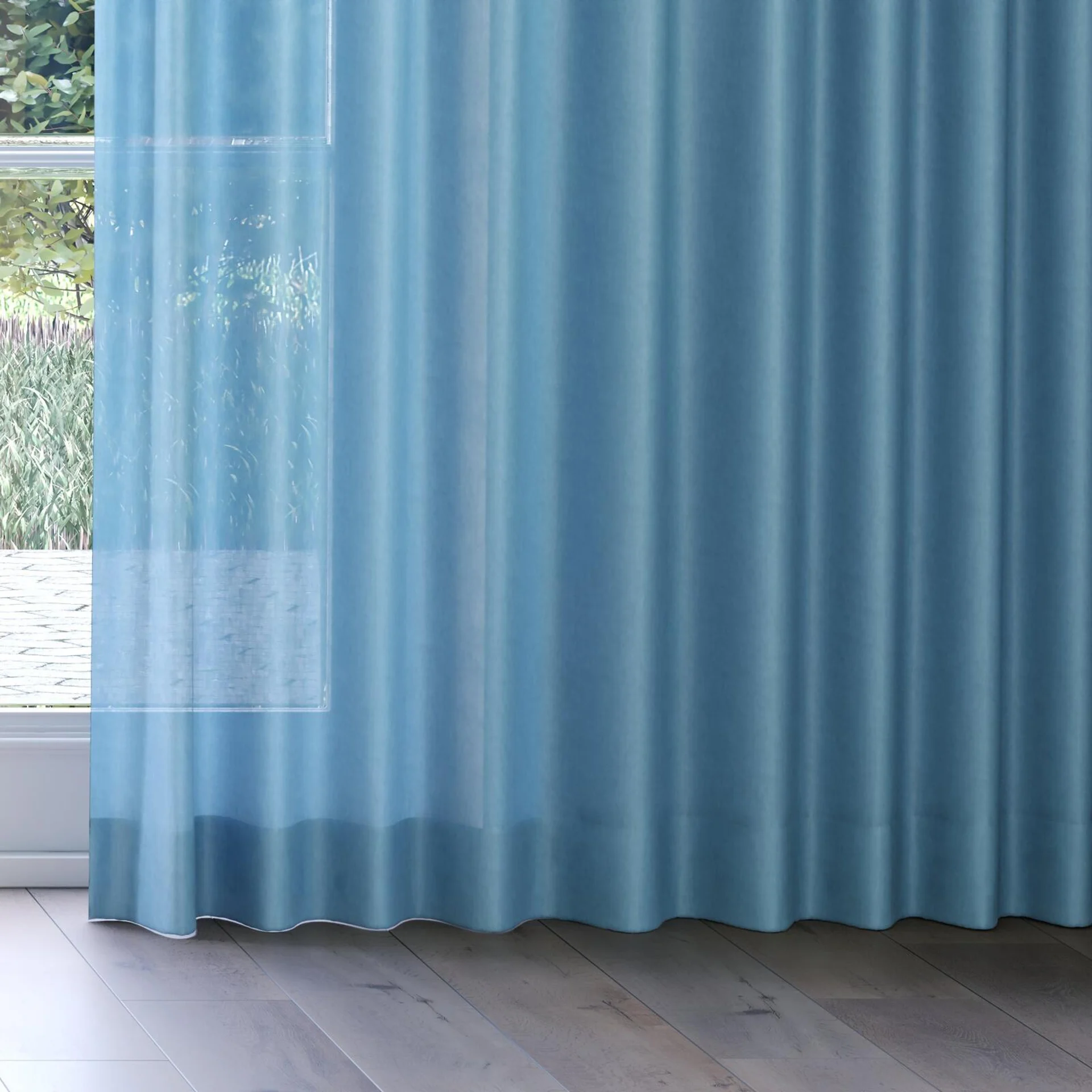 Bottom view of Flo II Aqua, on curtain rail