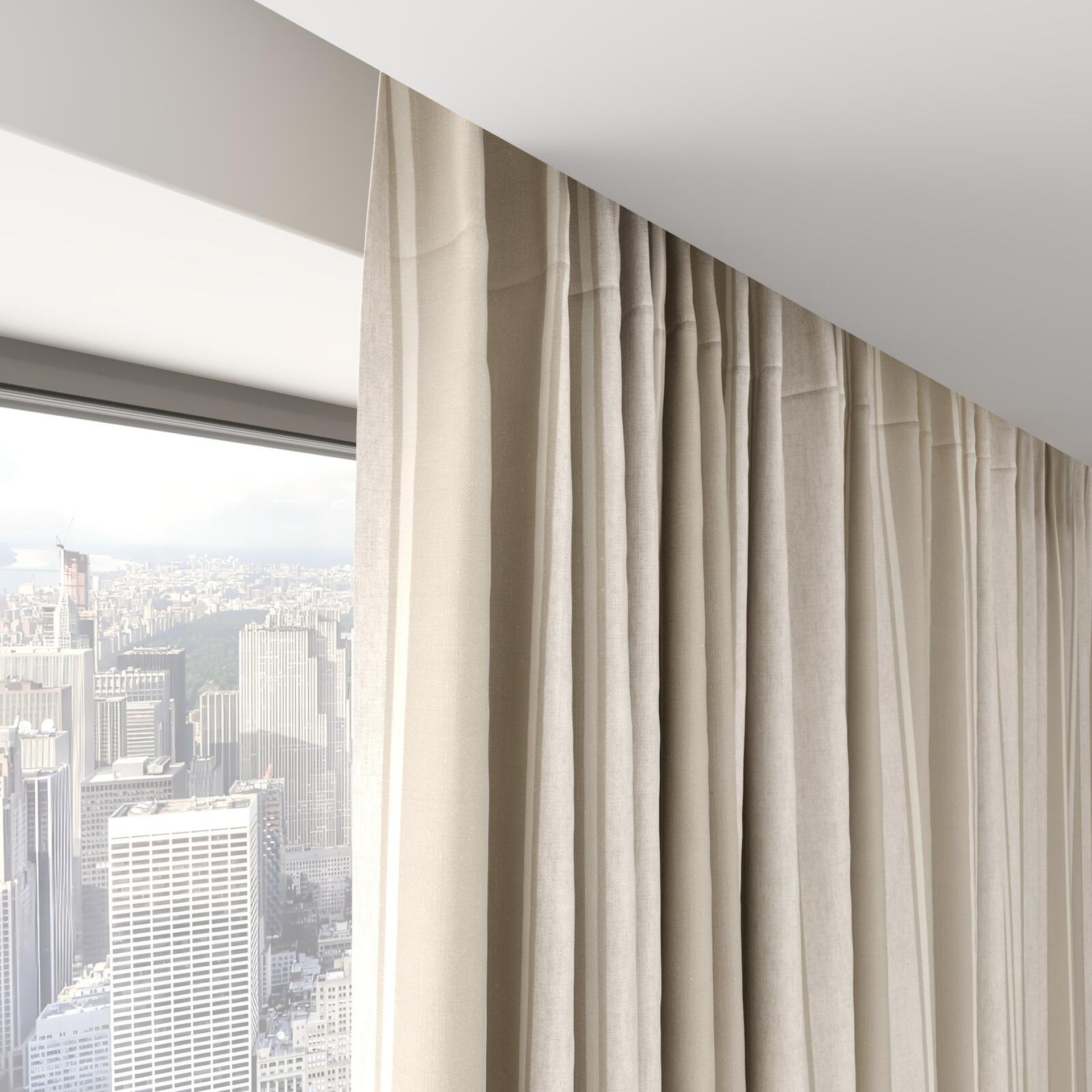 Top view of Broad Stripe Taupe, on hidden rail