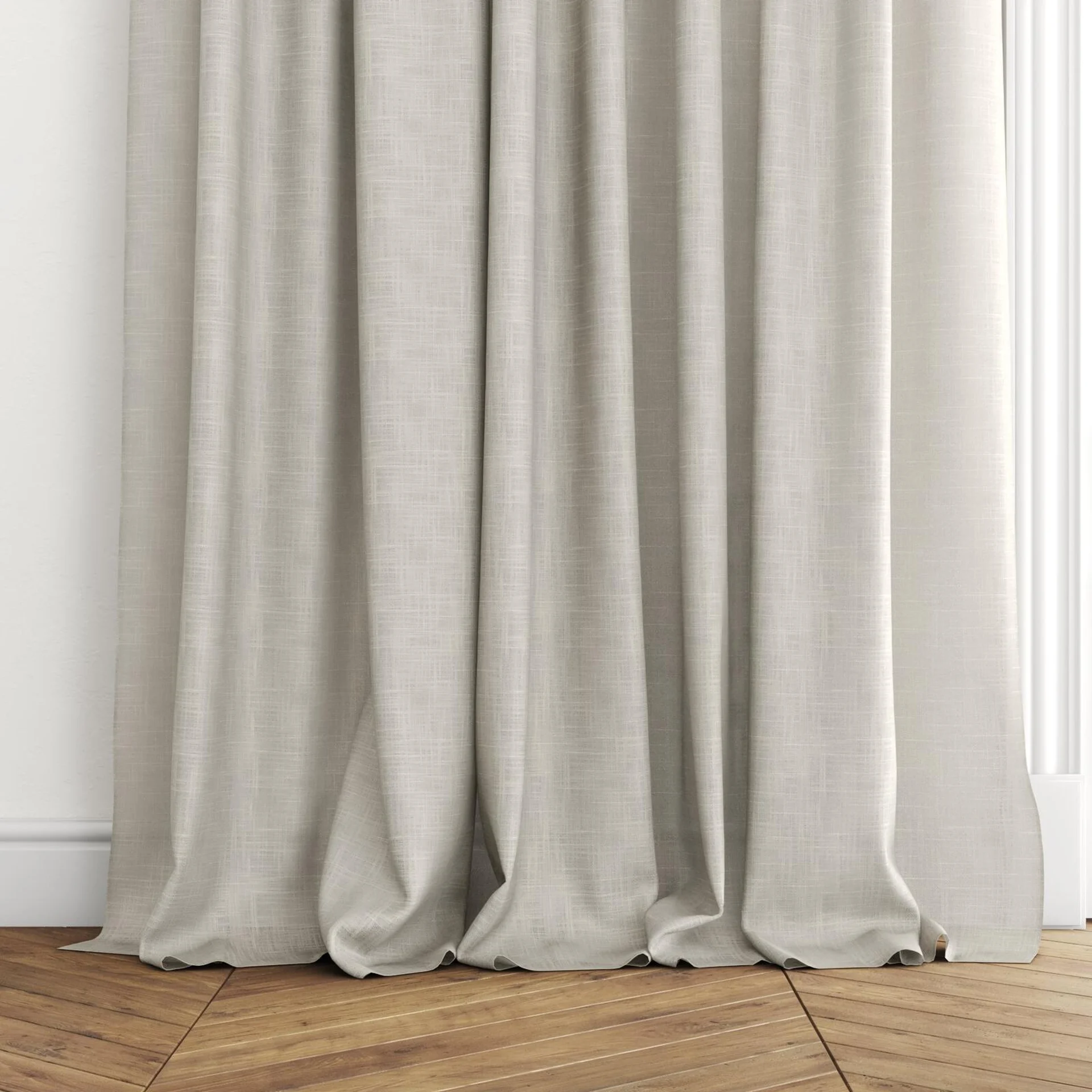 Bottom view of Charanga Nougat, puddled with pinch pleat, on curtain rod