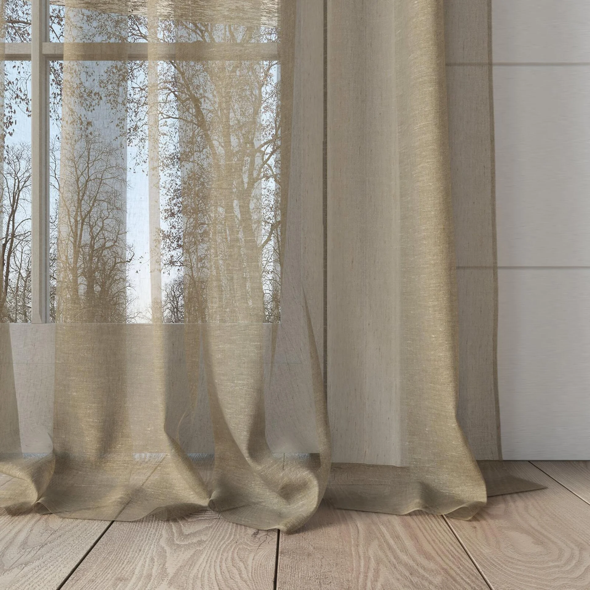Bottom view of Rhyme Sand, puddled, on curtain rod