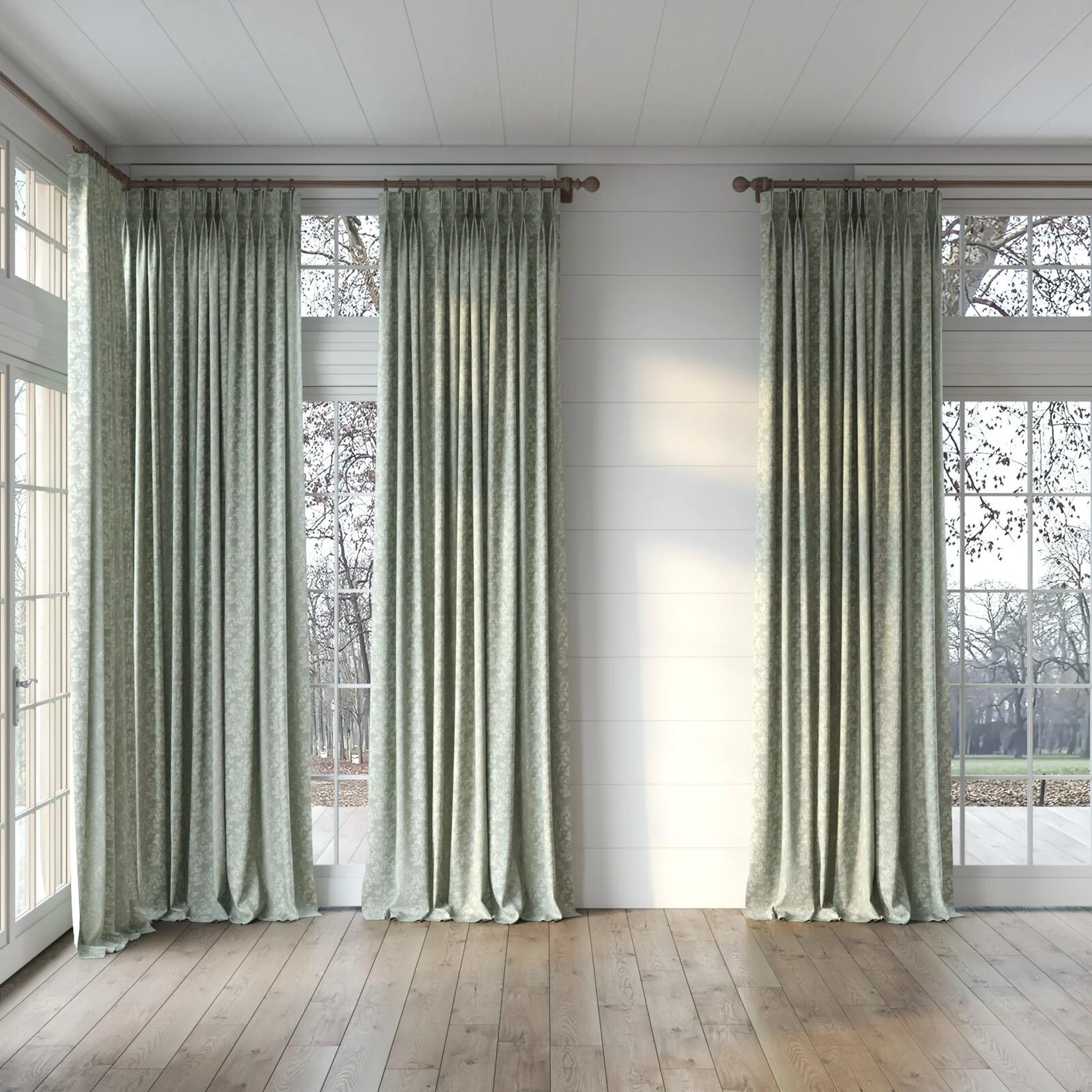 Full view of Objet Drizzle, puddled, on curtain rod