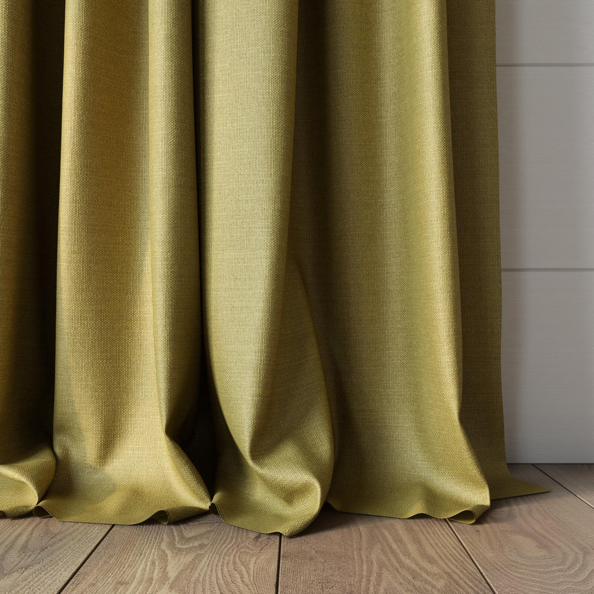 Bottom view of Linex Linden, puddled, on curtain rod