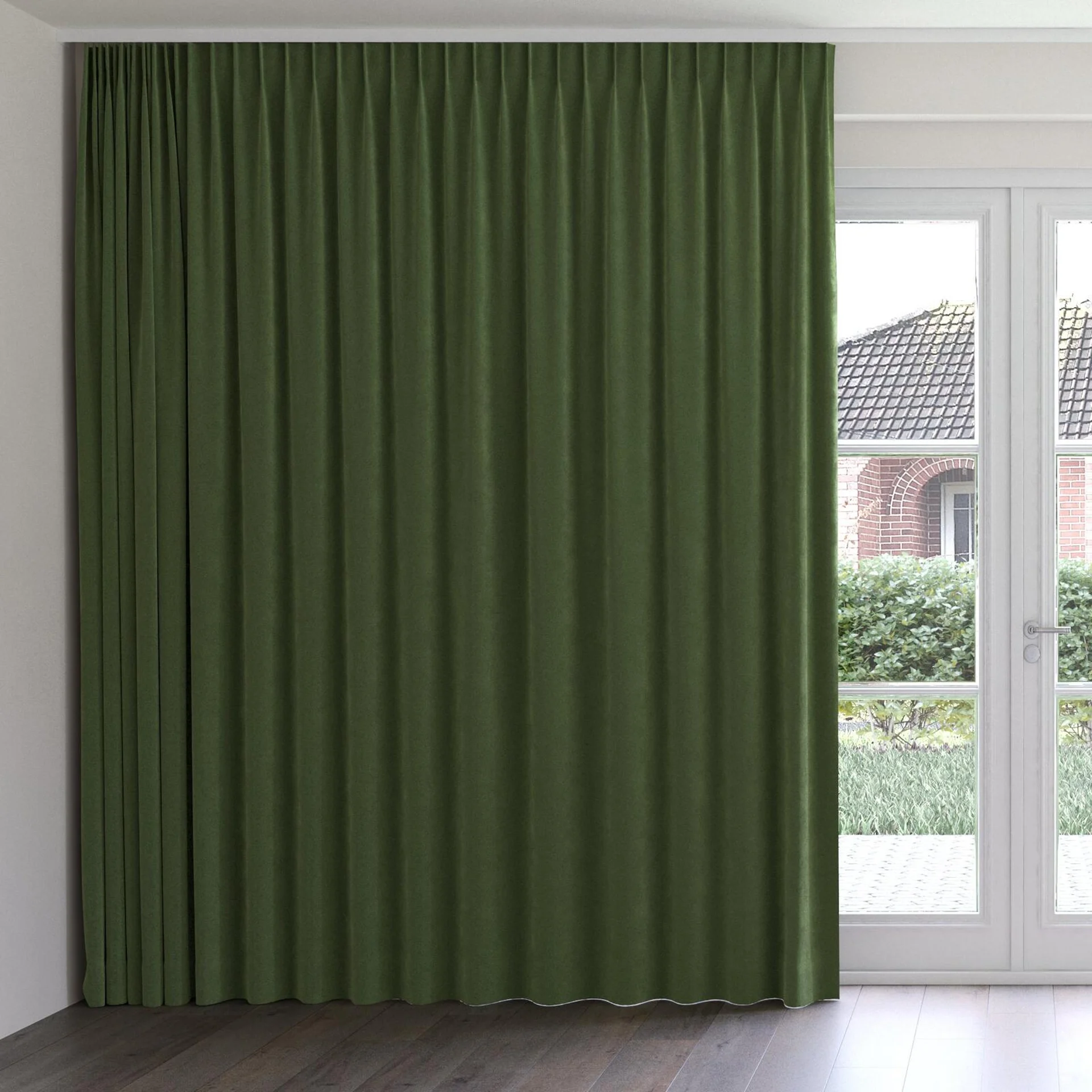 Front view of Lux Velvet Forest 8104, on curtain rail