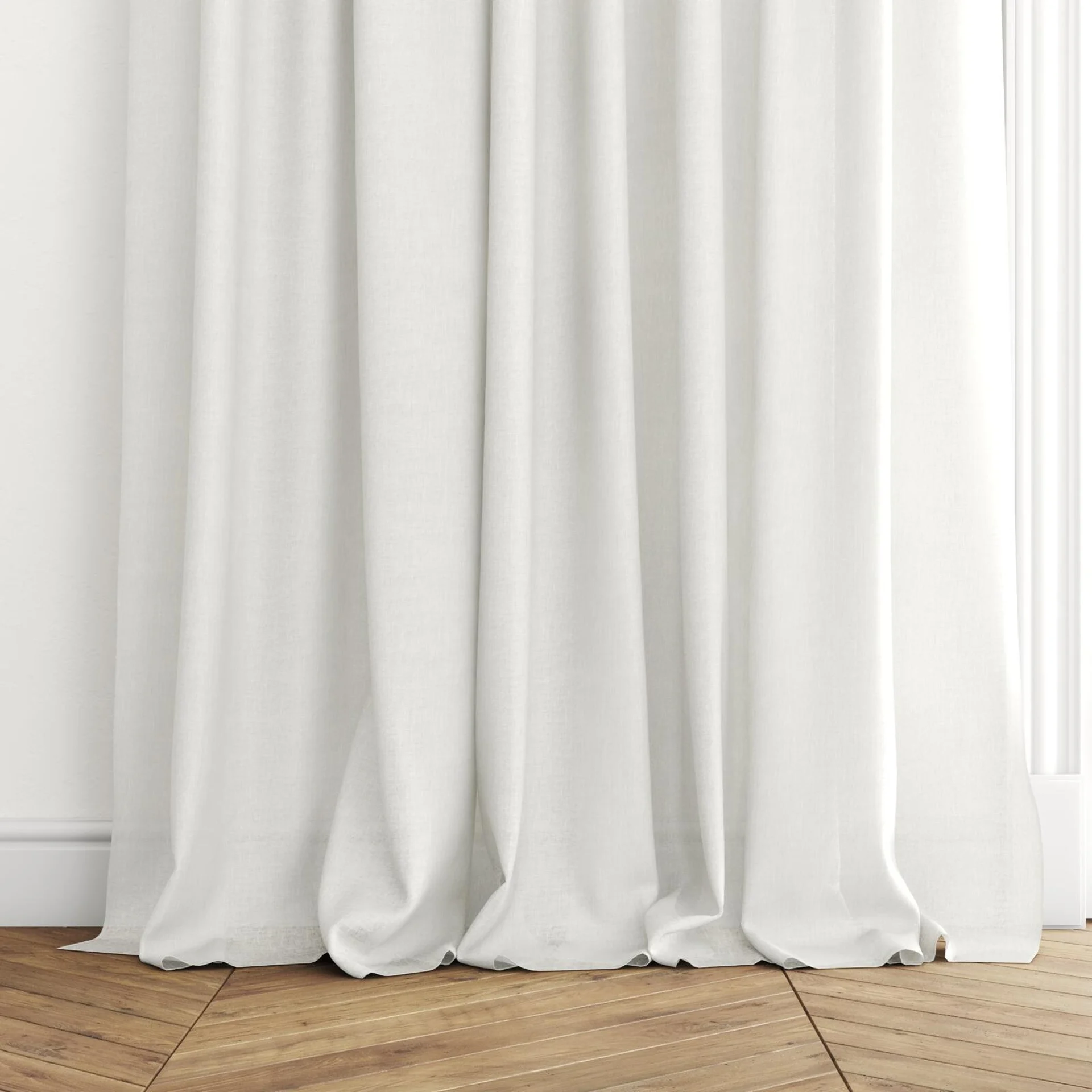 Bottom view of Elegance Pearl, puddled with pinch pleat, on curtain rod