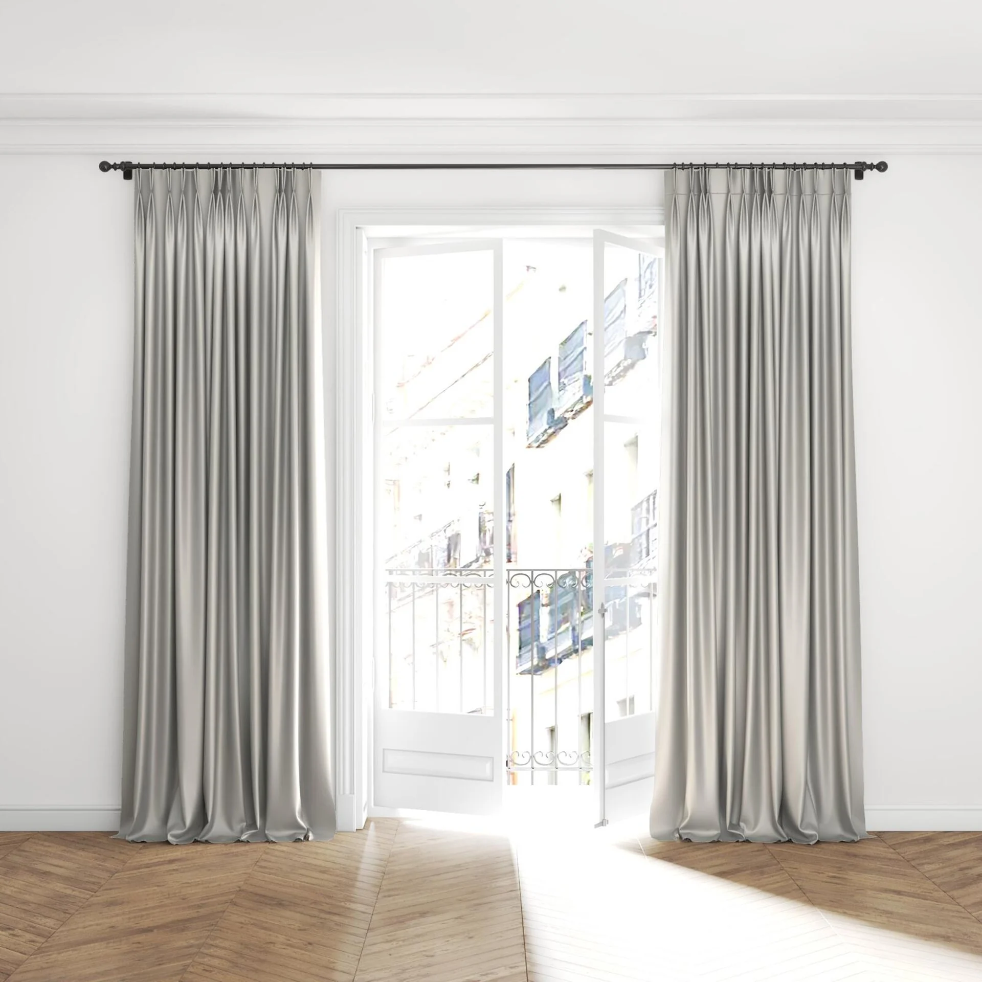 Full view of Sleek Silver, puddled with pinch pleat, on curtain rod