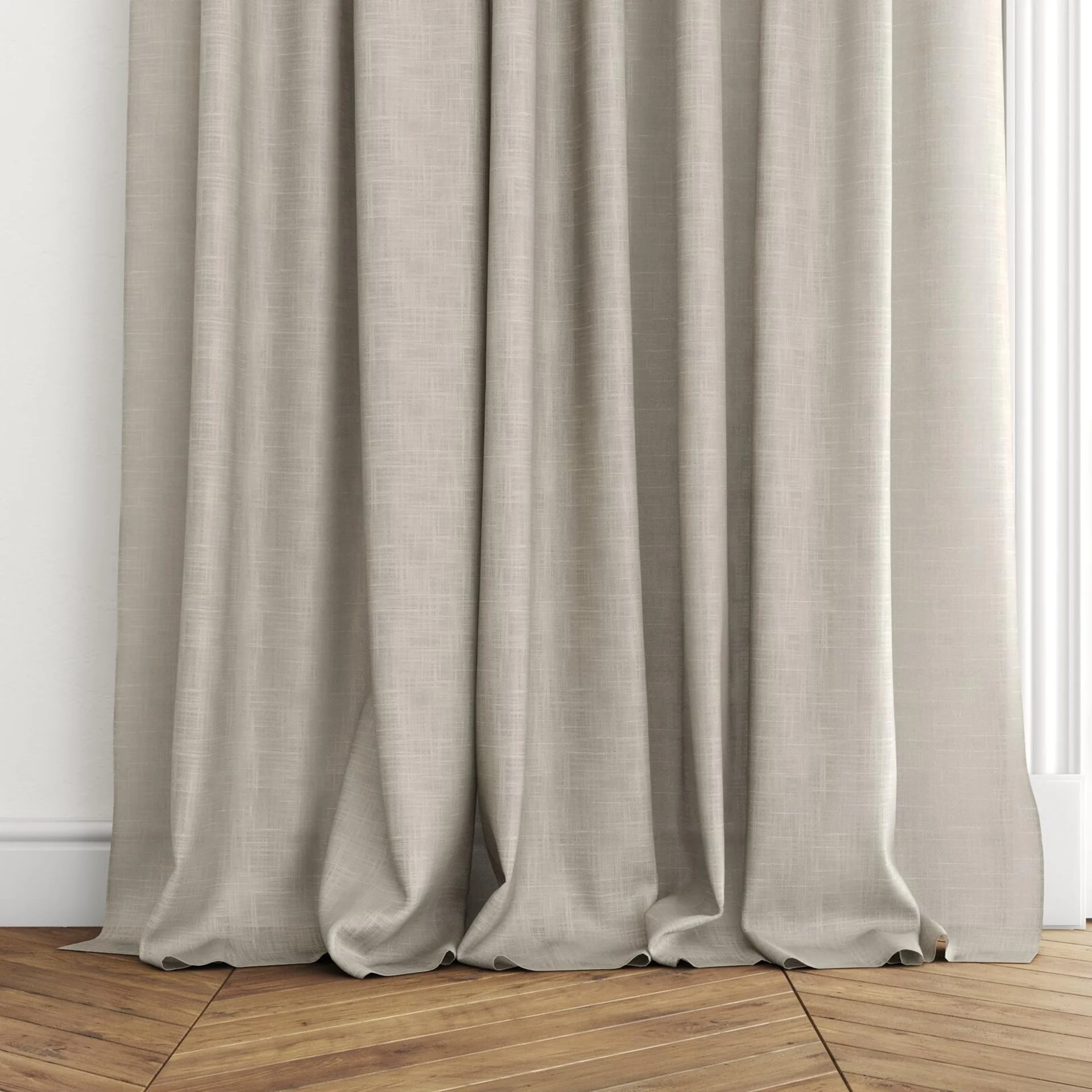 Bottom view of Charanga Dune, puddled with pinch pleat, on curtain rod