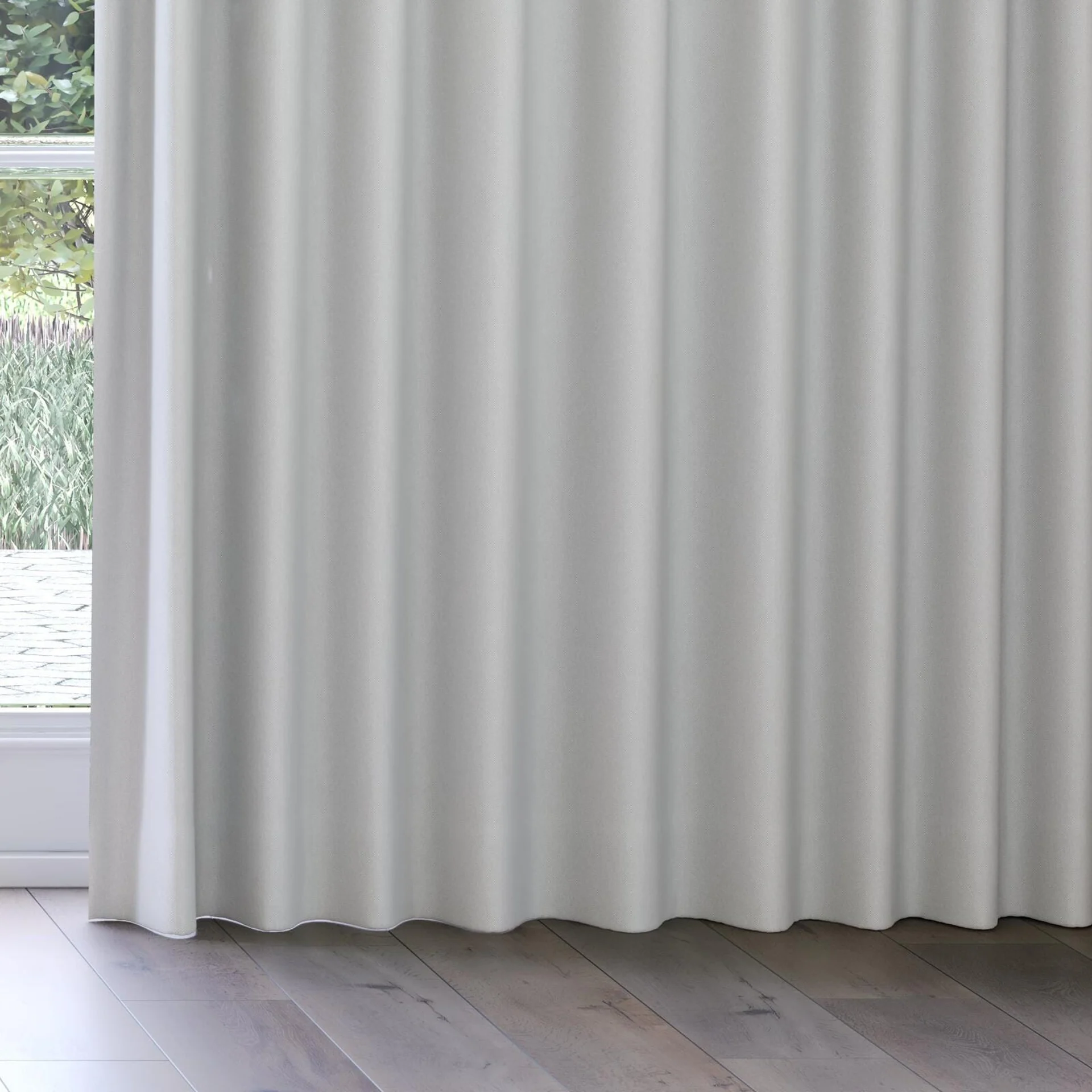 Bottom view of Oakley FR Dove Grey, on curtain rail