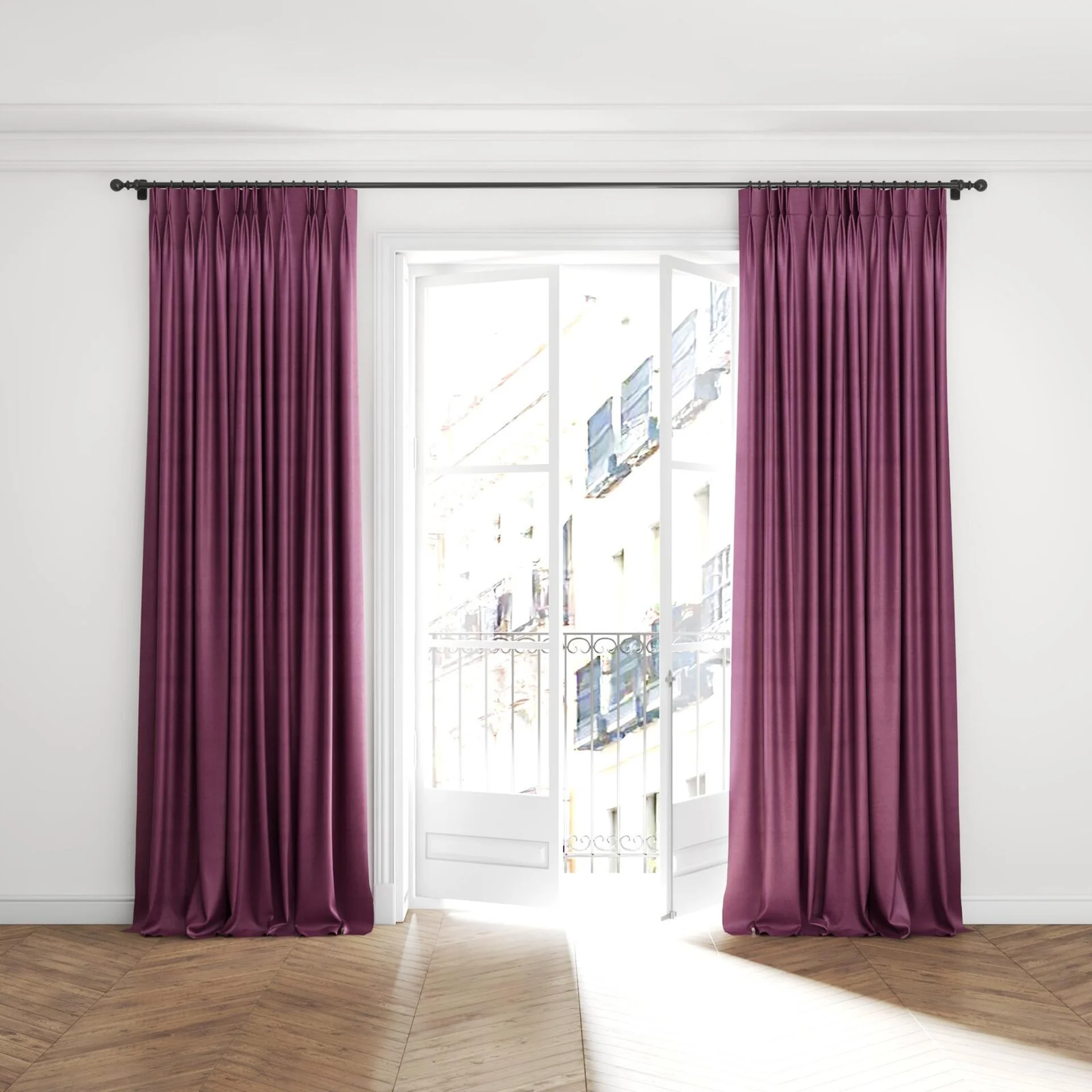 Full view of Baron Crocus, puddled with pinch pleat, on curtain rod