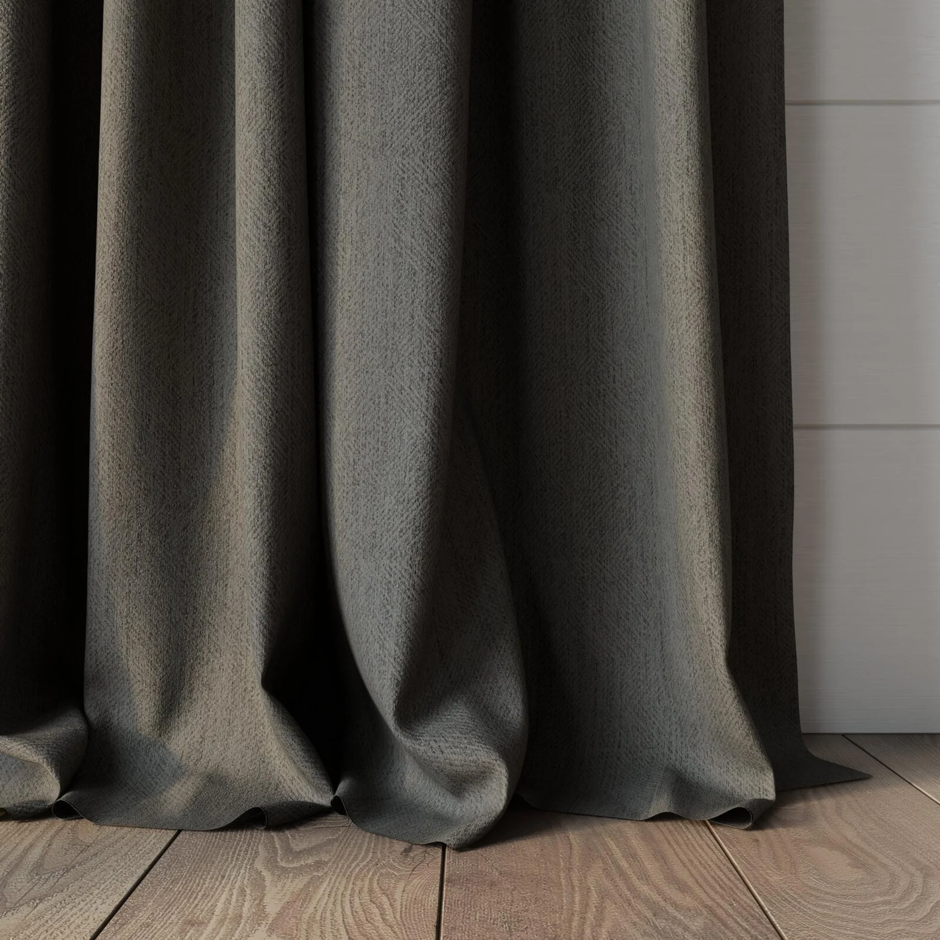 Bottom view of Equator Charcoal, puddled, on curtain rod