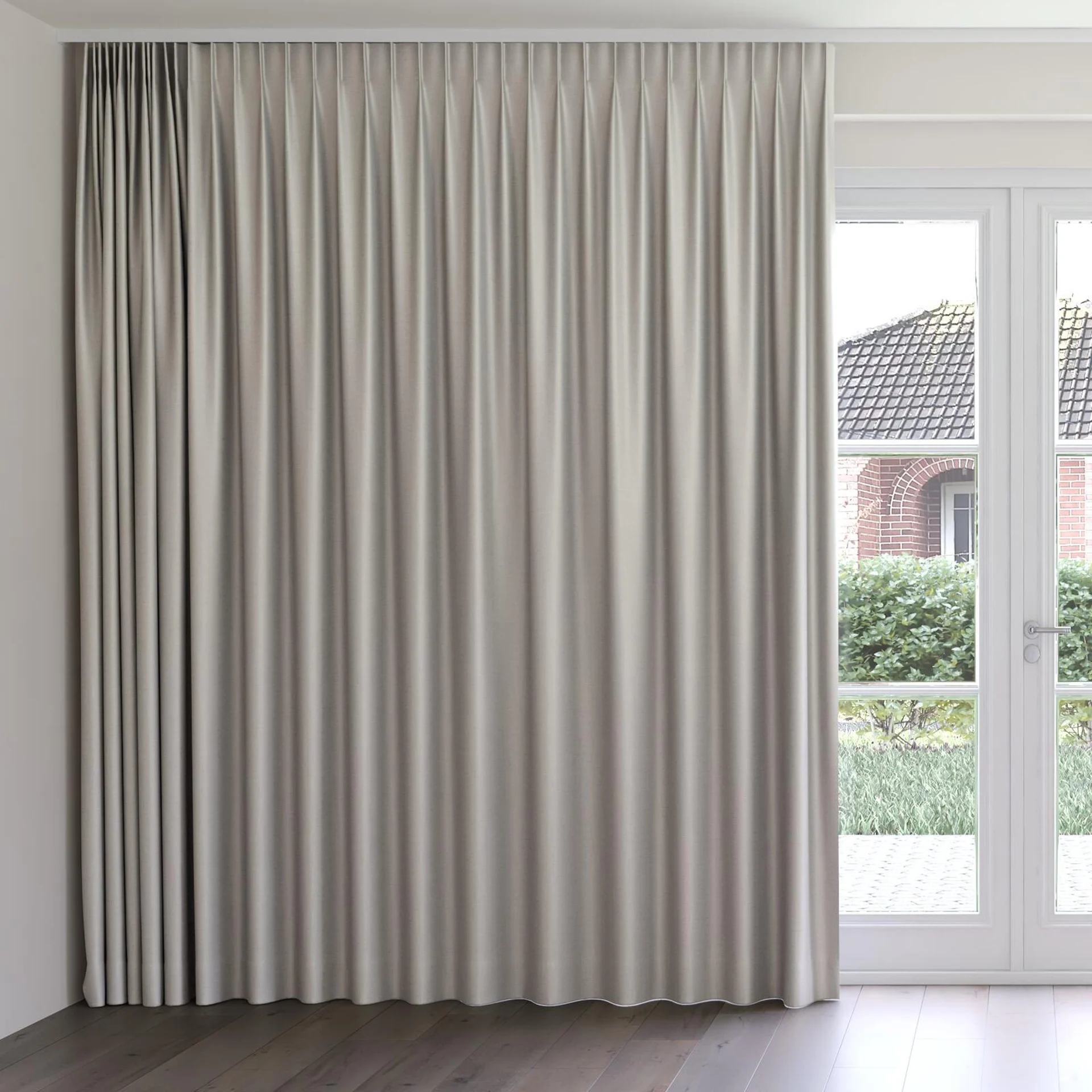 Front view of Stallion 2 Blackout Limestone, on curtain rail