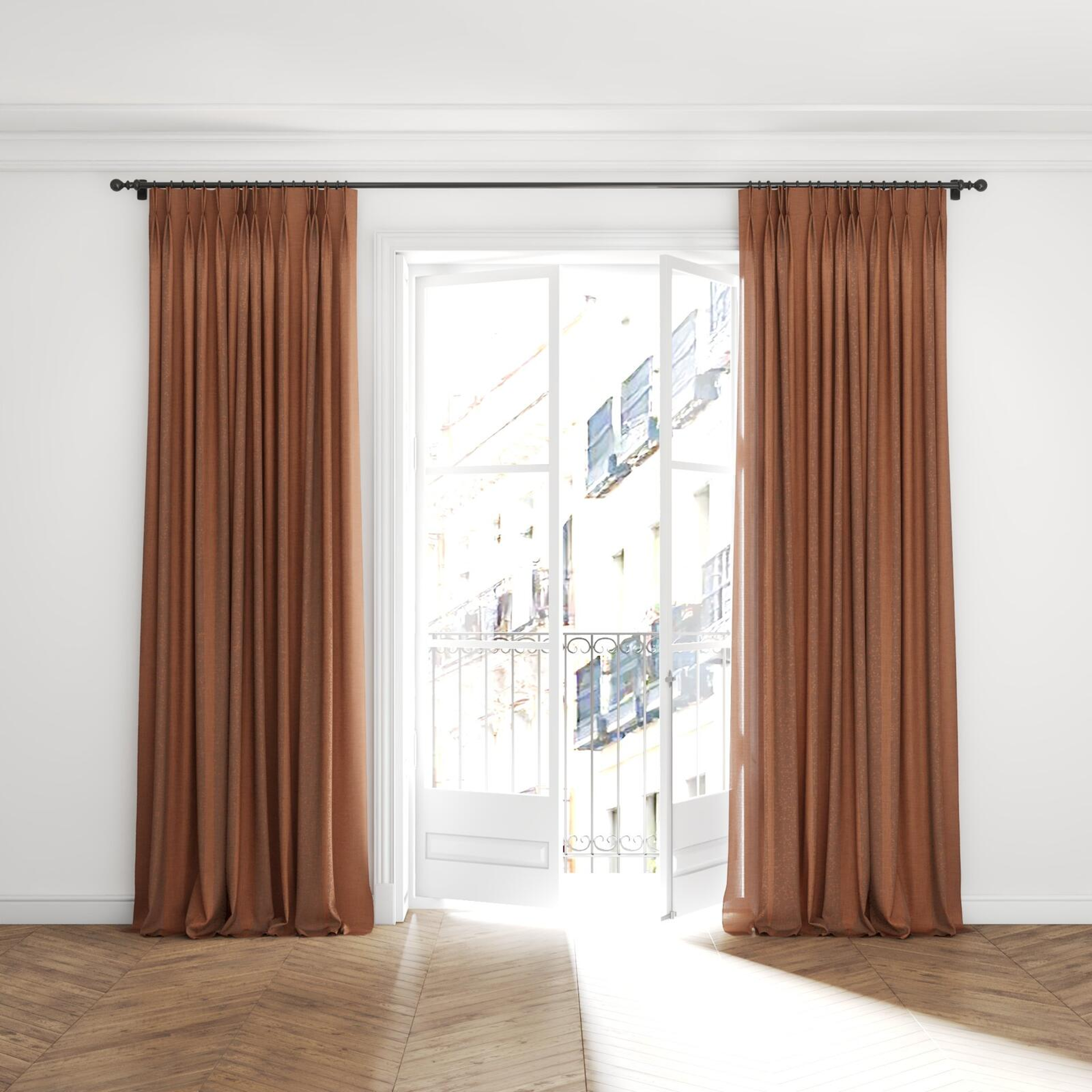 Full view of Motion Spice, puddled with pinch pleat, on curtain rod