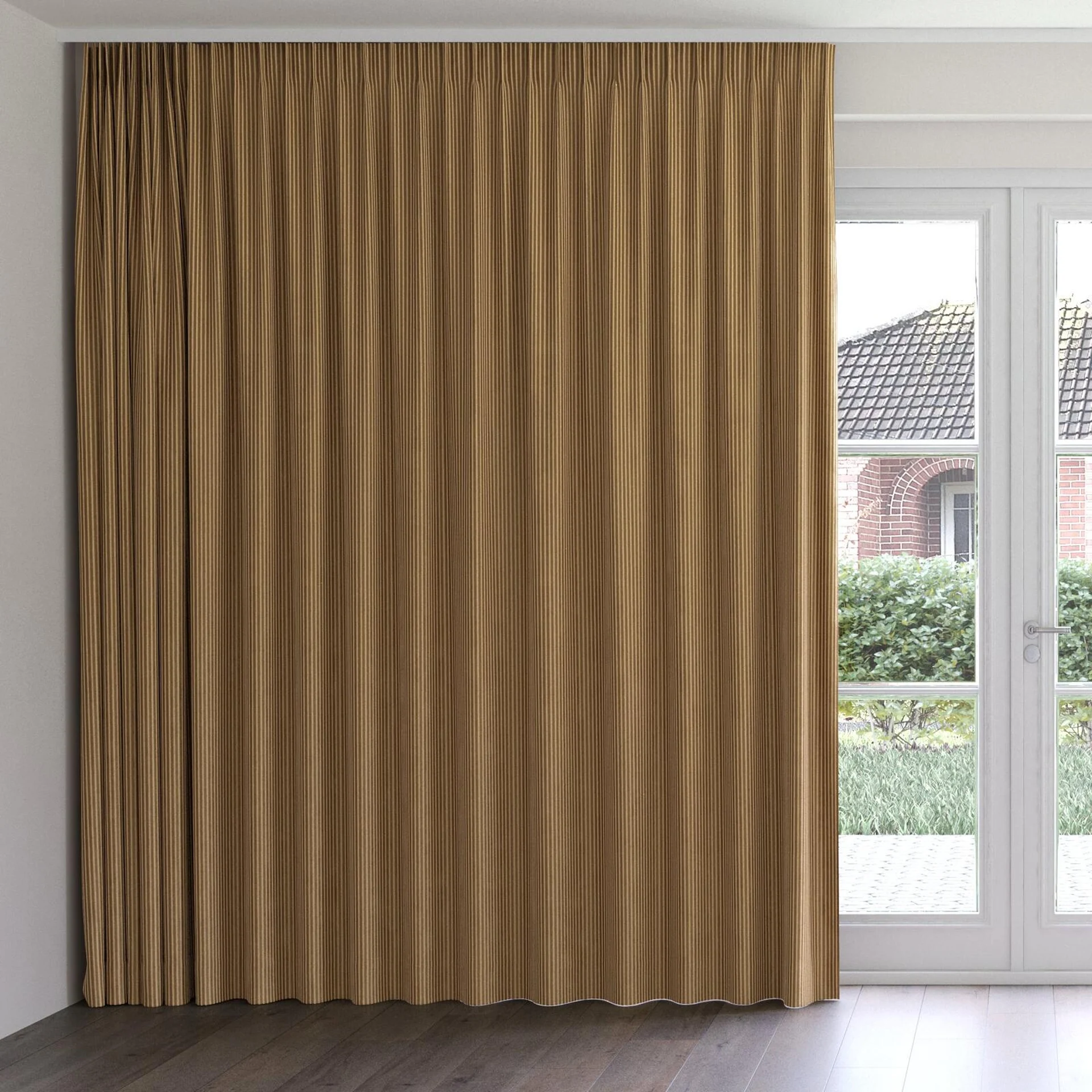 Front view of Embrace Pecan, on curtain rail