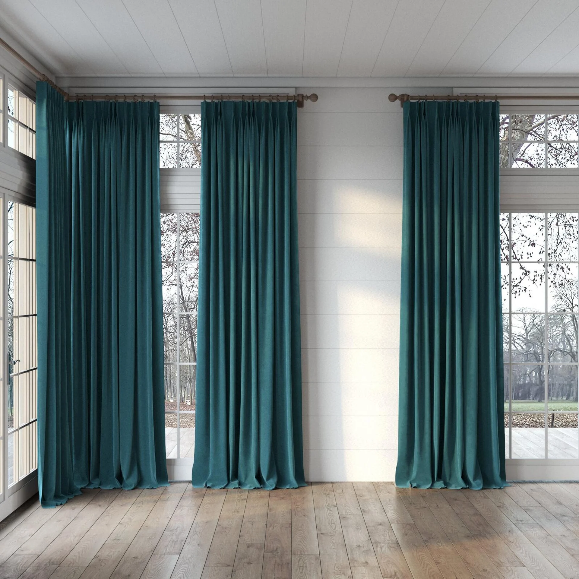 Full view of Lux Velvet Teal 8819, puddled, on curtain rod