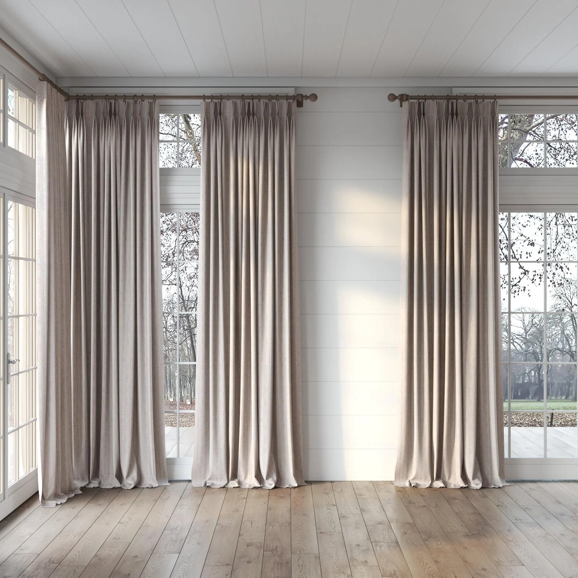 Full view of Iconic Dune, puddled, on curtain rod