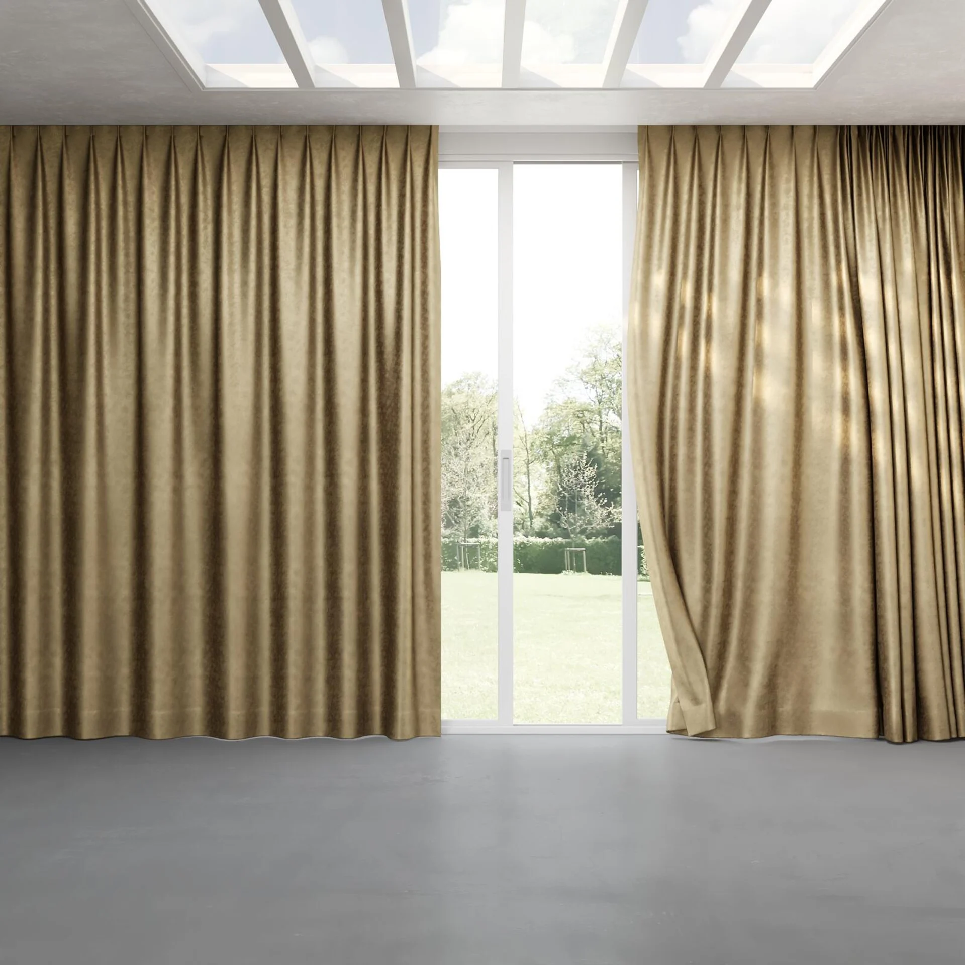 Full view of Fizz Earth, pinch pleat