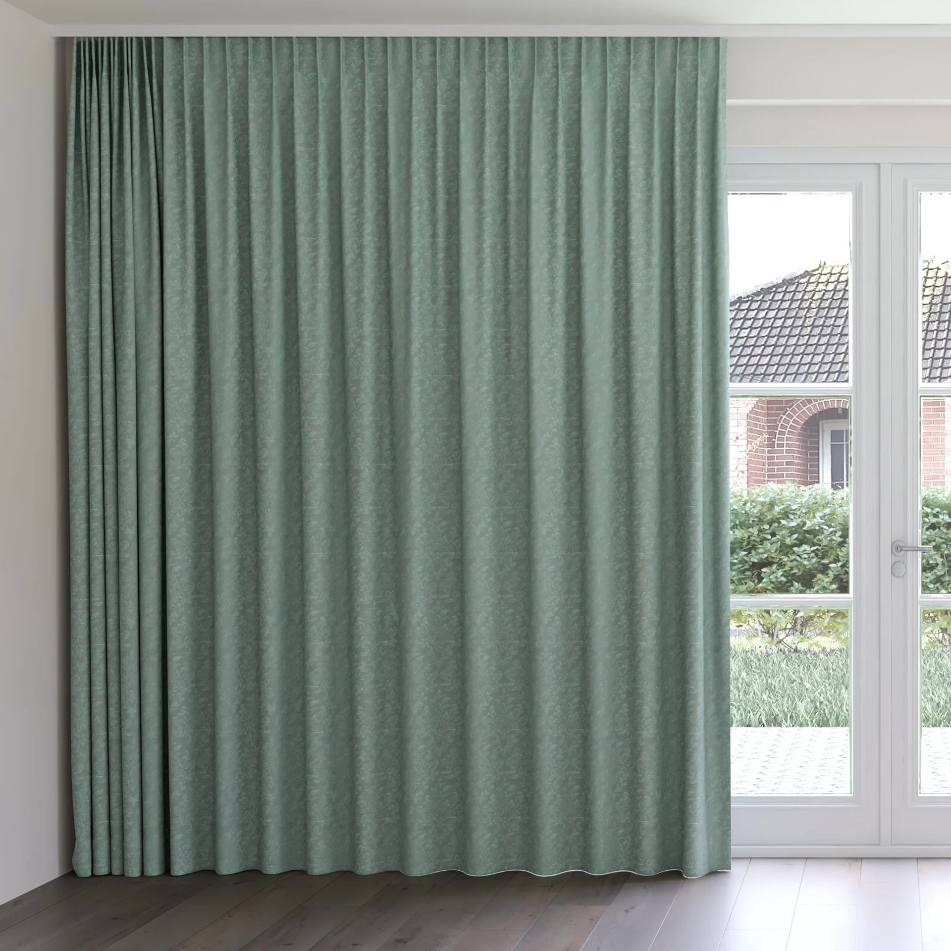 Front view of Objet Teal, on curtain rail