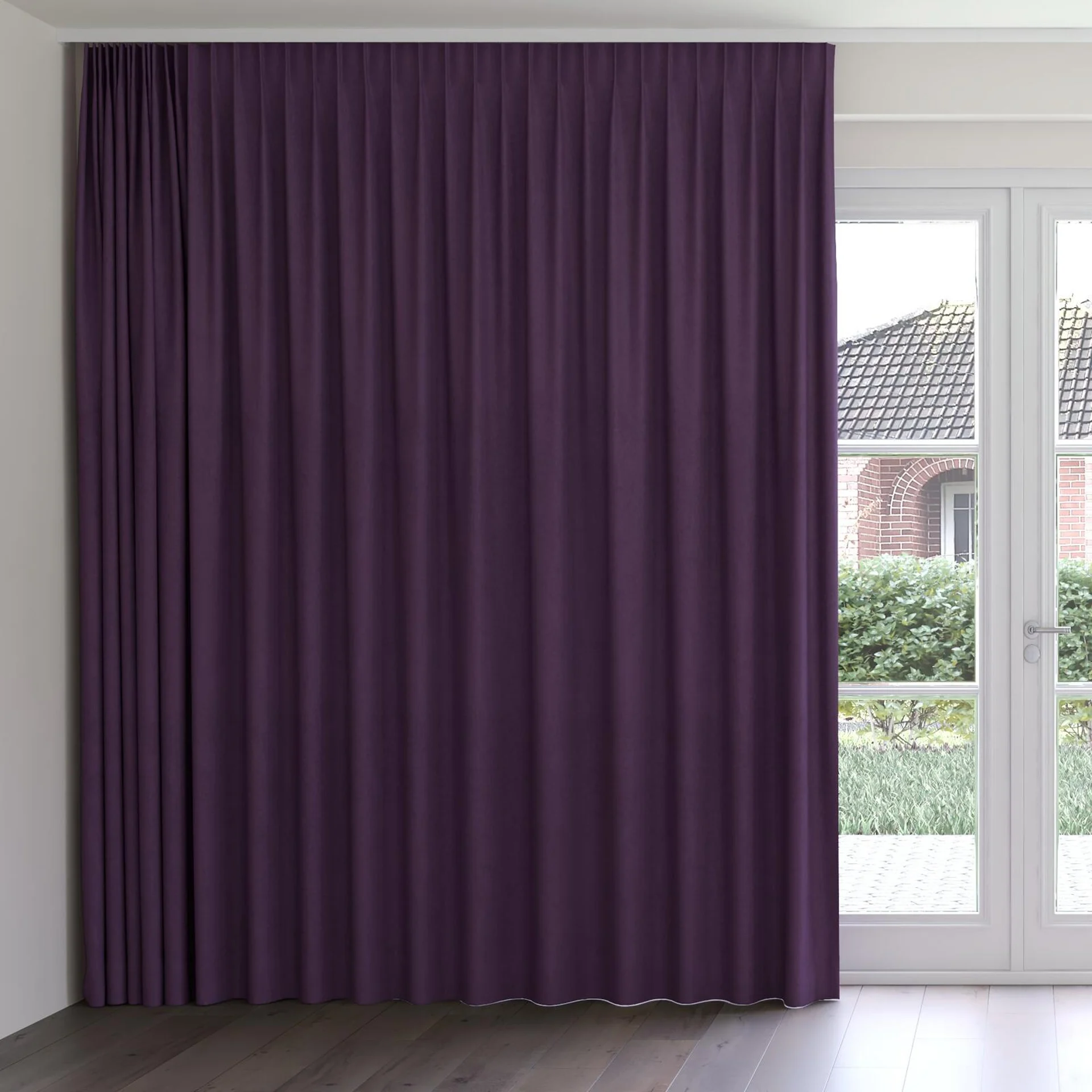 Front view of Moon Plum, on curtain rail