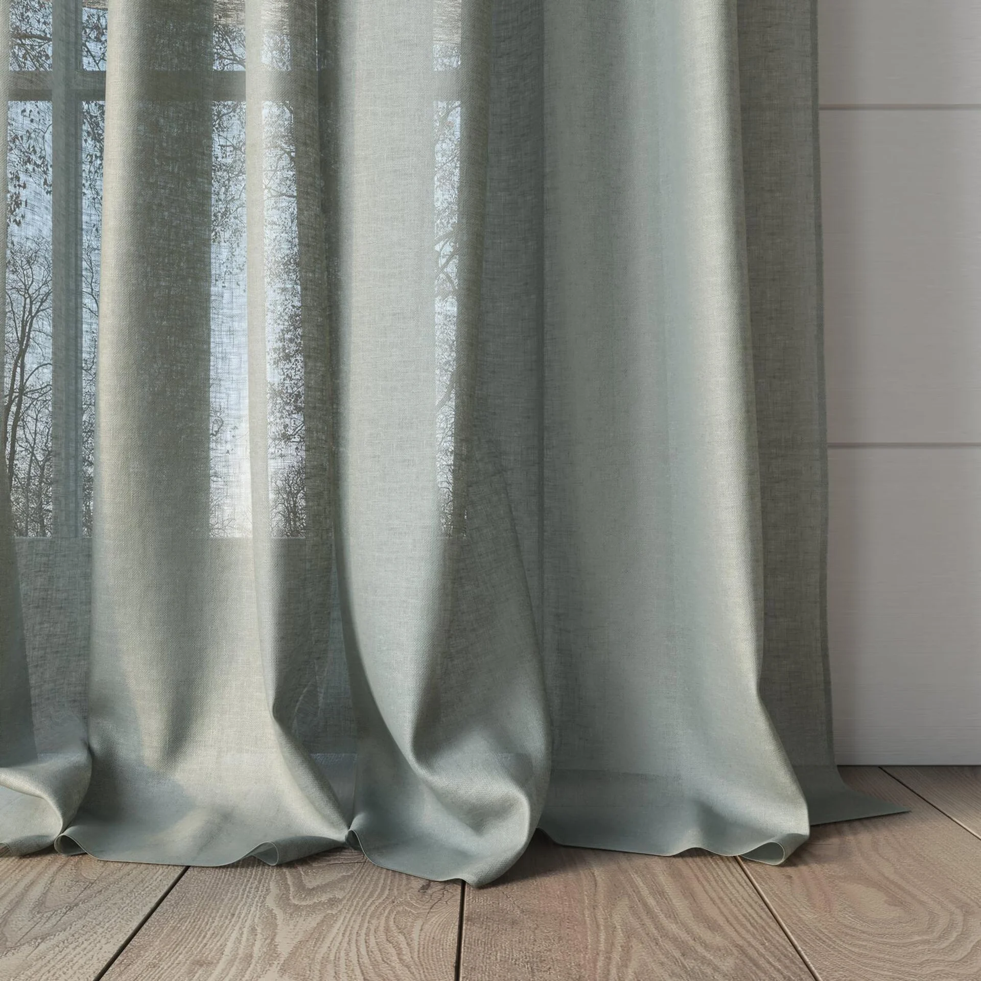 Bottom view of Kanso Stonewash Willow, puddled, on curtain rod
